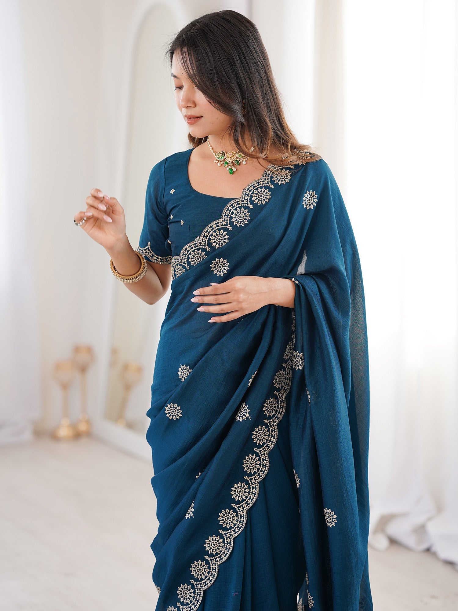 Teal Embroidered Georgette Saree with Stitched Blouse | - Ressa