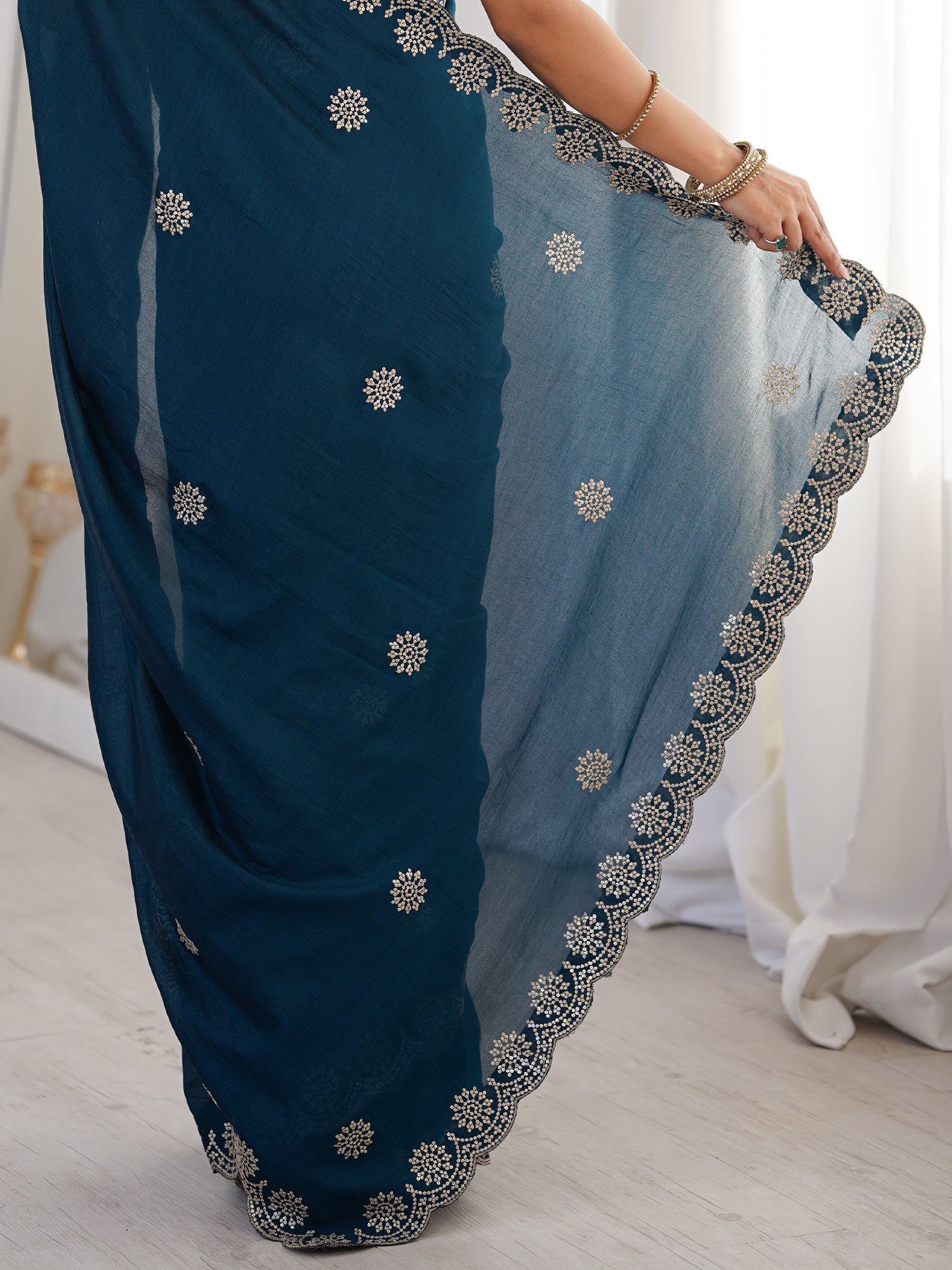 Teal Embroidered Georgette Saree with Stitched Blouse | - Ressa