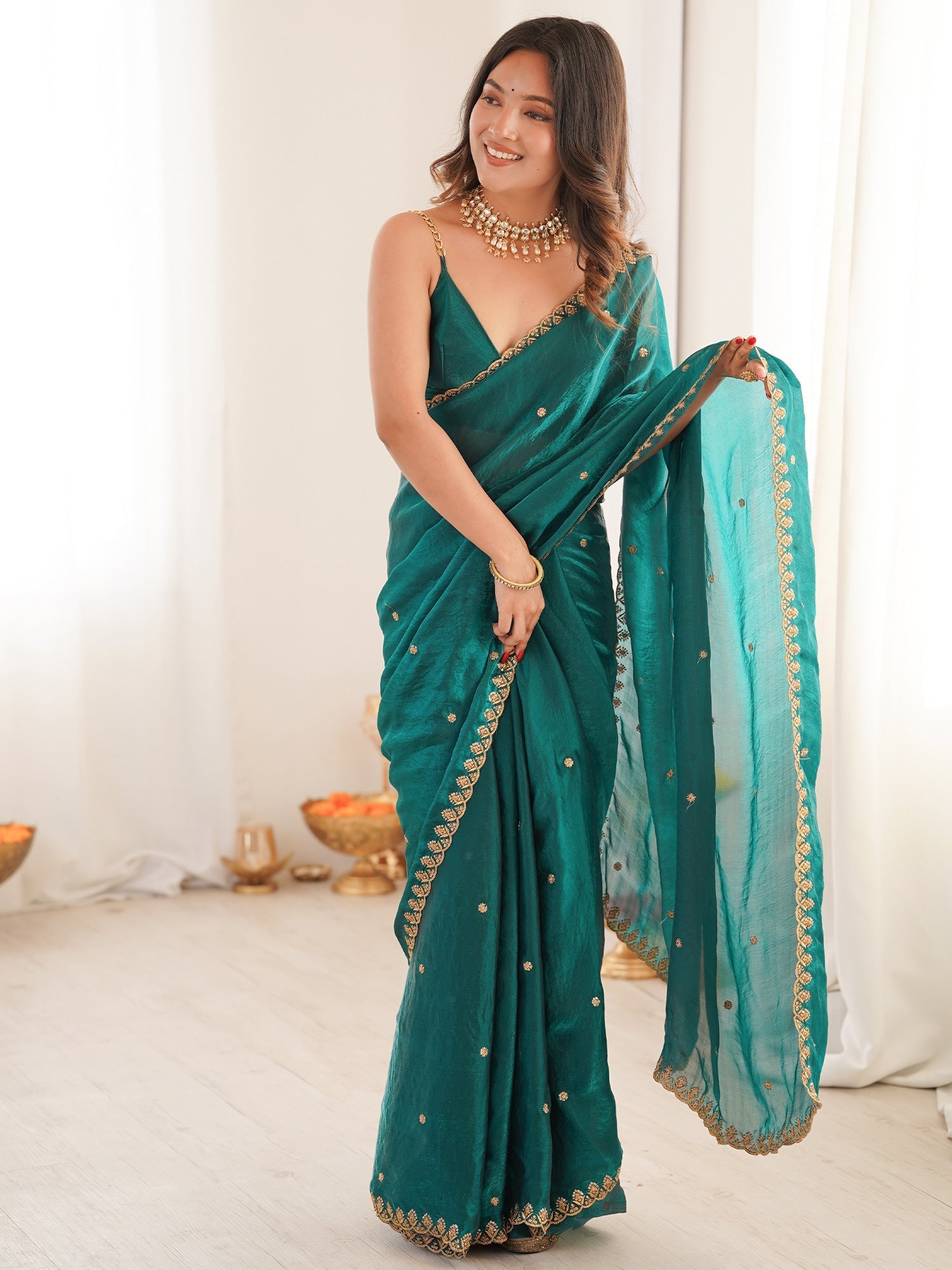 Teal Embroidered Paper Silk Saree with Blouse - Ressa