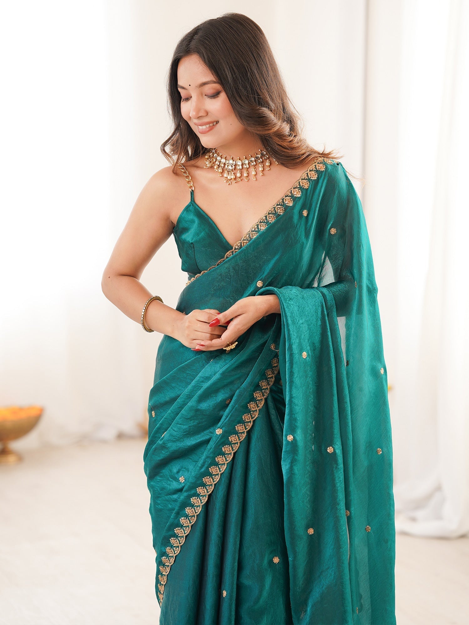 Teal Embroidered Paper Silk Saree with Blouse - Ressa