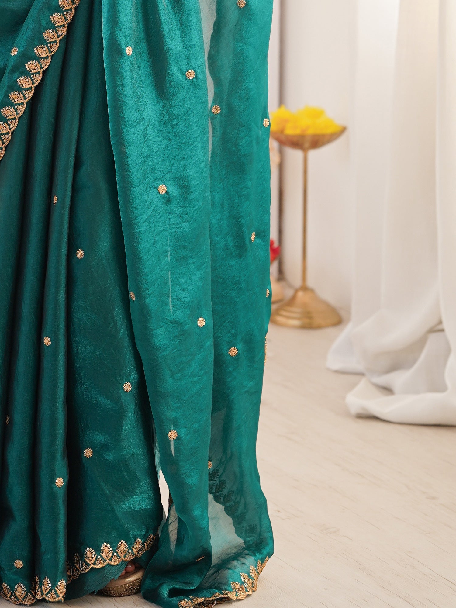 Teal Embroidered Paper Silk Saree with Blouse - Ressa