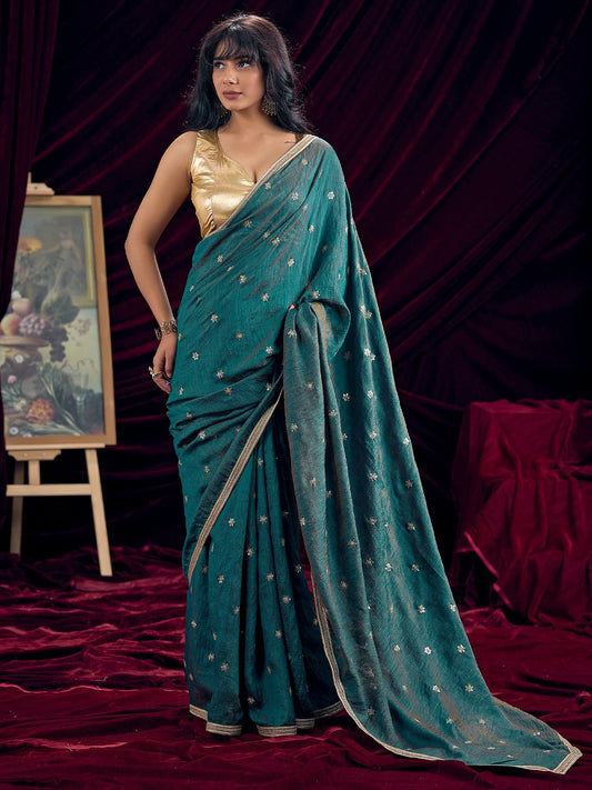 Teal Embroidered Silk Saree with Gold Border - Ressa