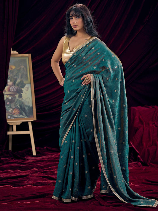 Teal Embroidered Silk Saree with Gold Border - Ressa
