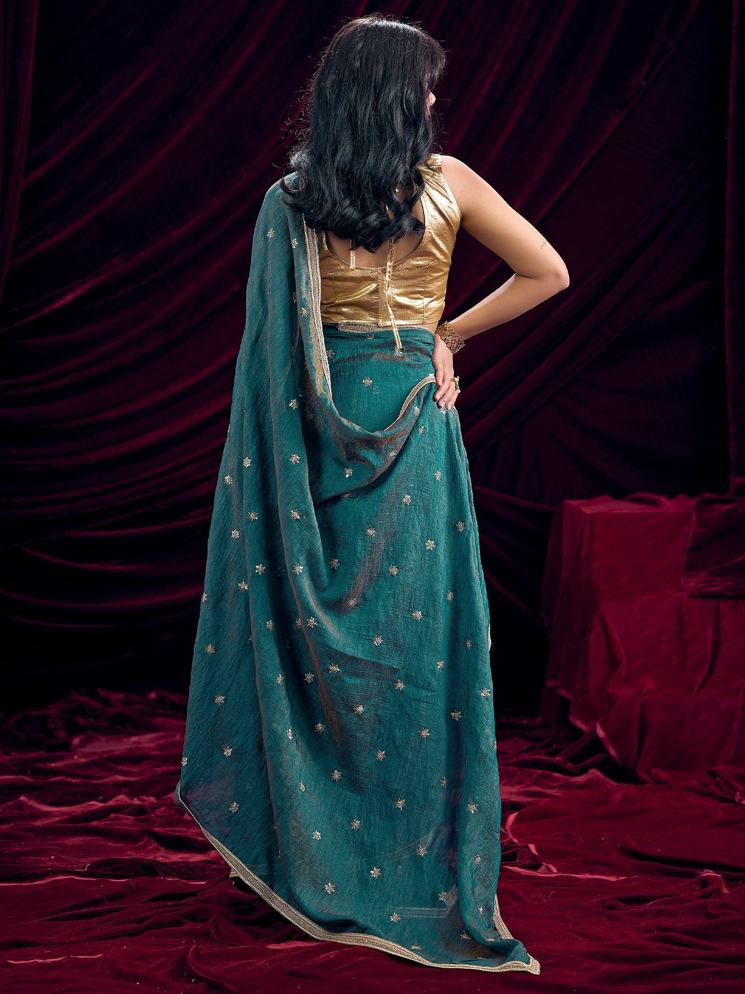 Teal Embroidered Silk Saree with Gold Border - Ressa