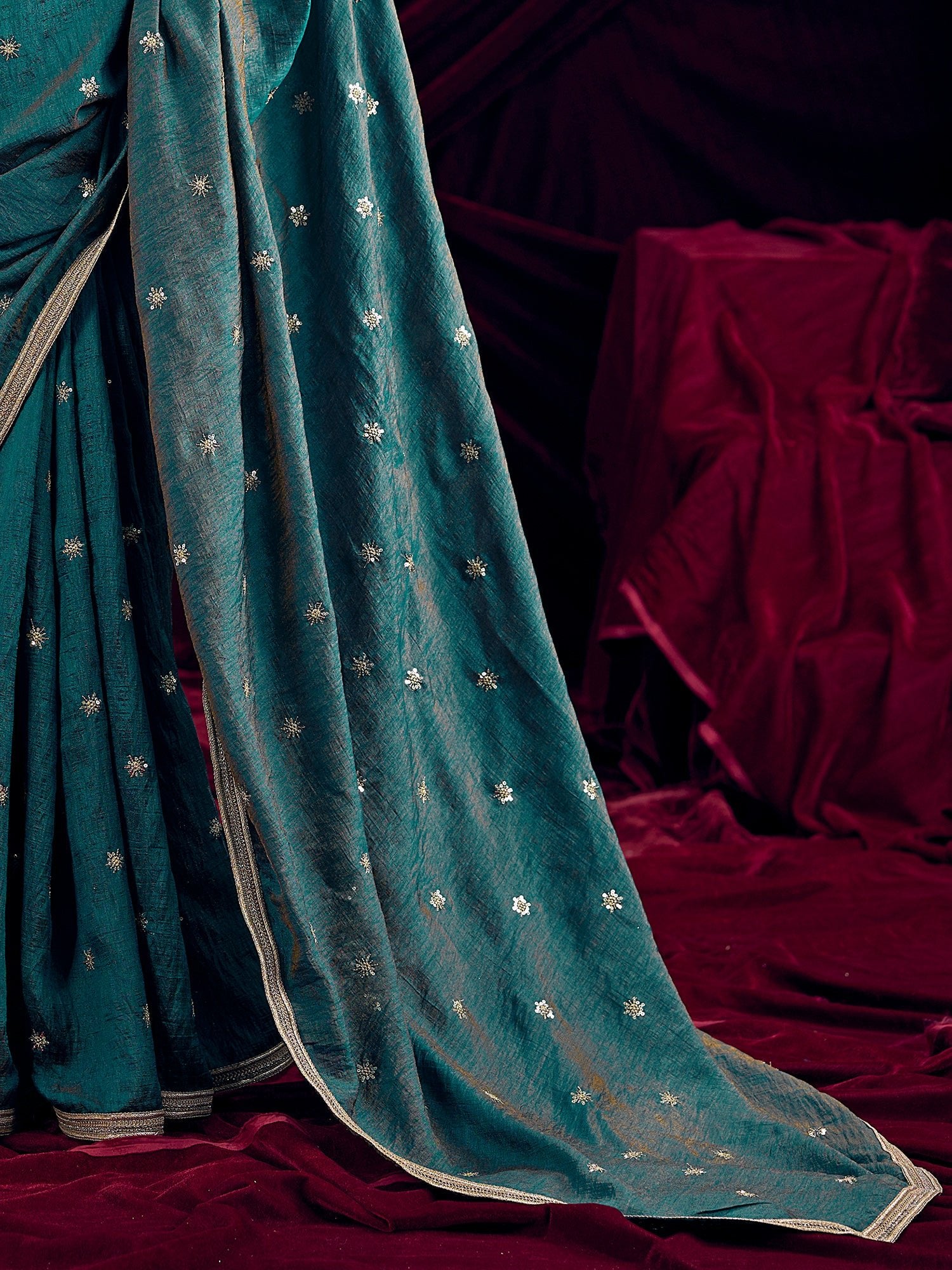 Teal Embroidered Silk Saree with Gold Border - Ressa