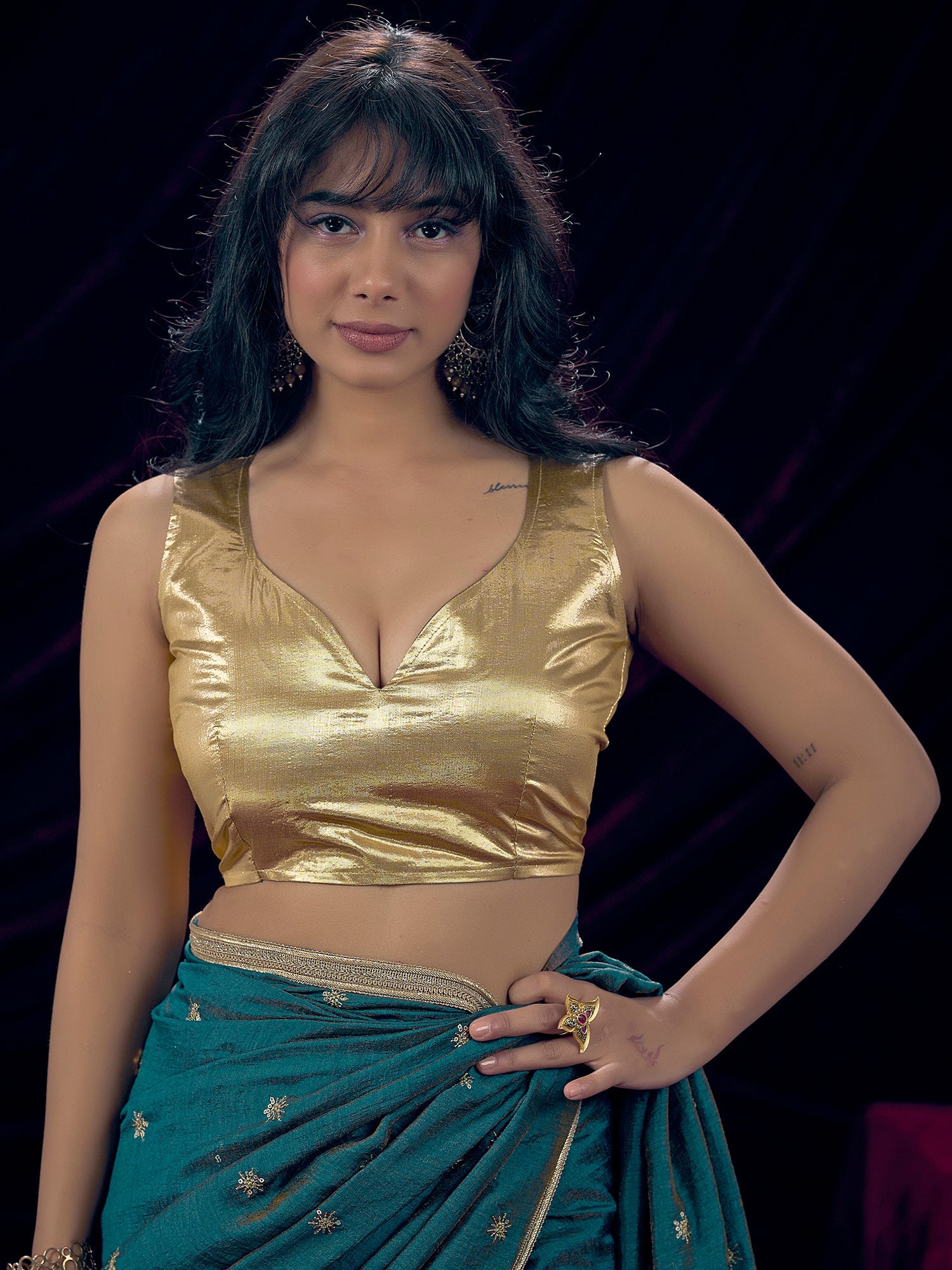 Teal Embroidered Silk Saree with Gold Border - Ressa