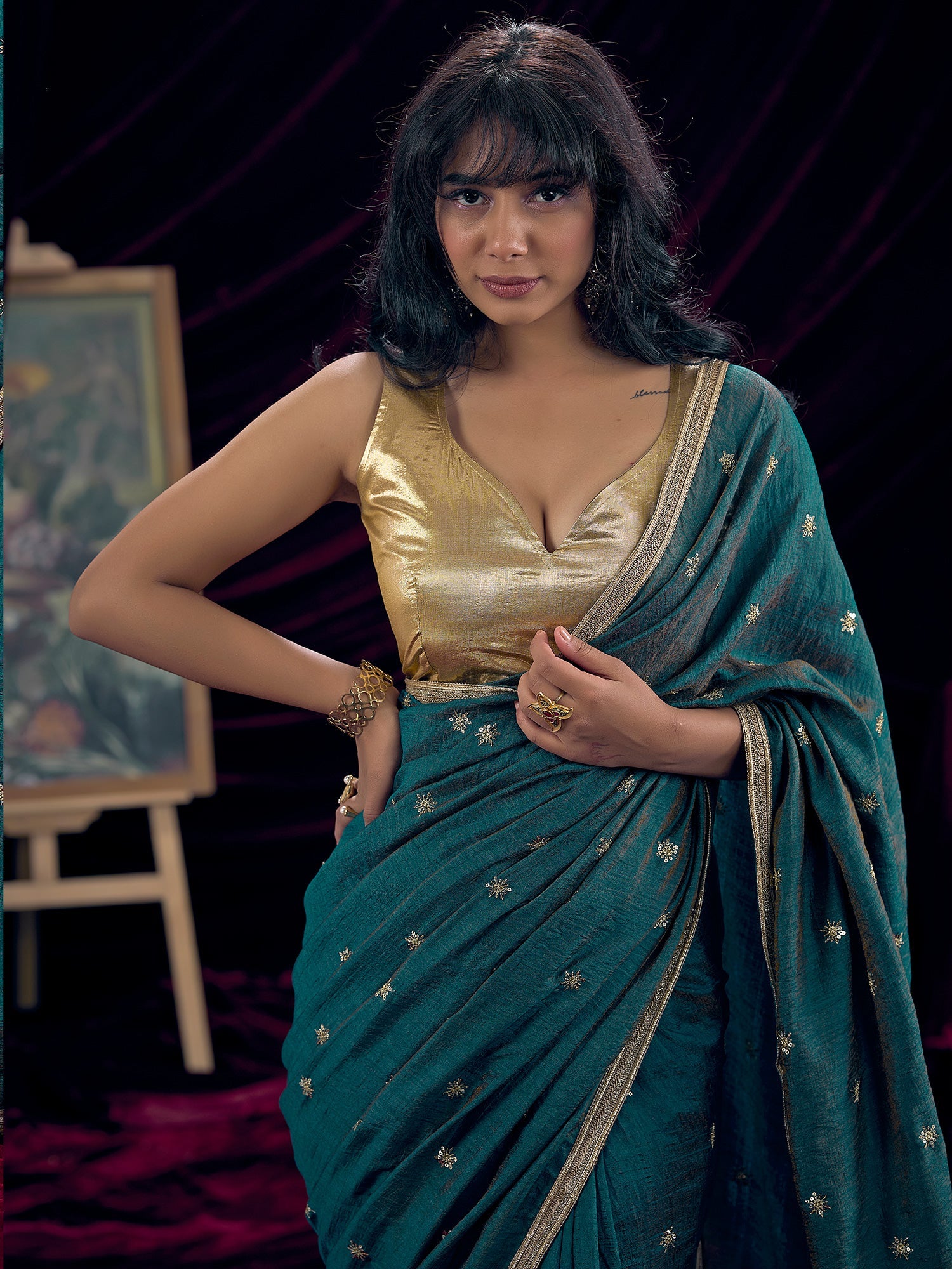 Teal Embroidered Silk Saree with Gold Border - Ressa