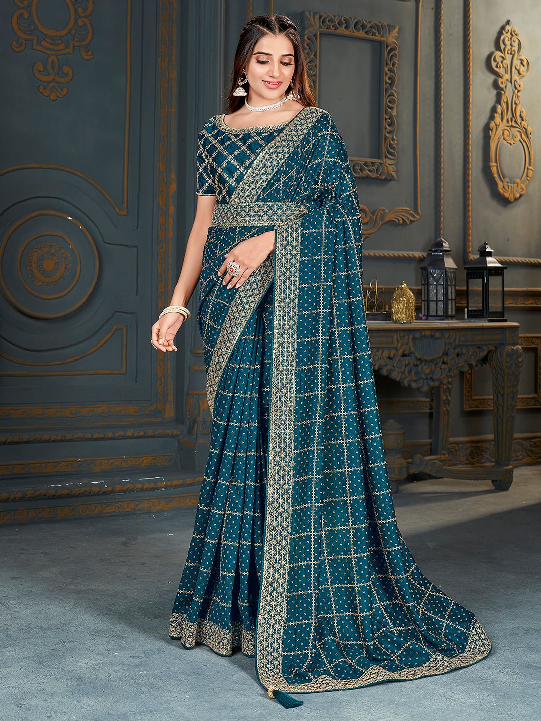 Teal Embroidered Vichitrs Silk Saree - Ressa