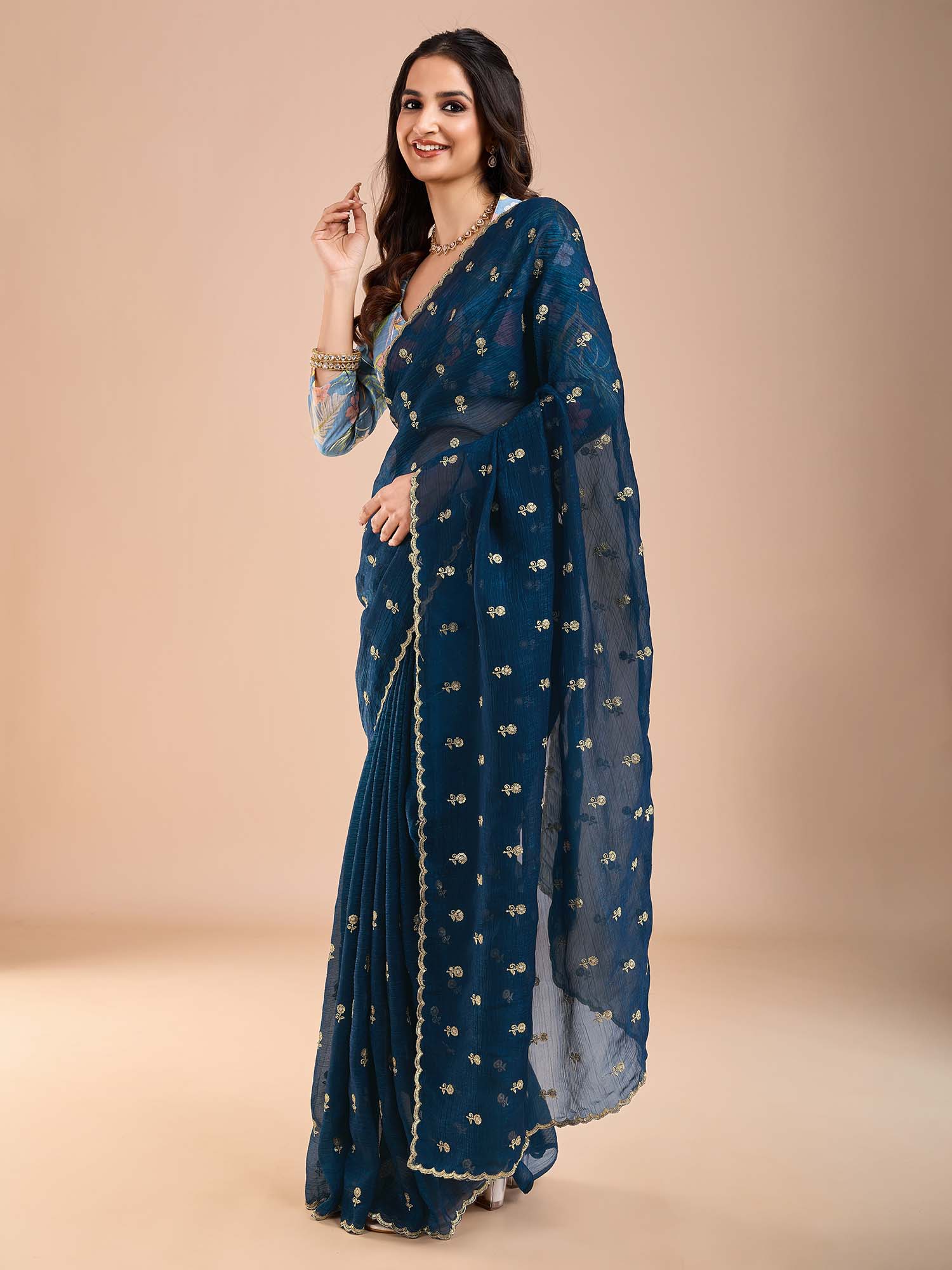 Teal Georgette Embroidered Saree - Ressa