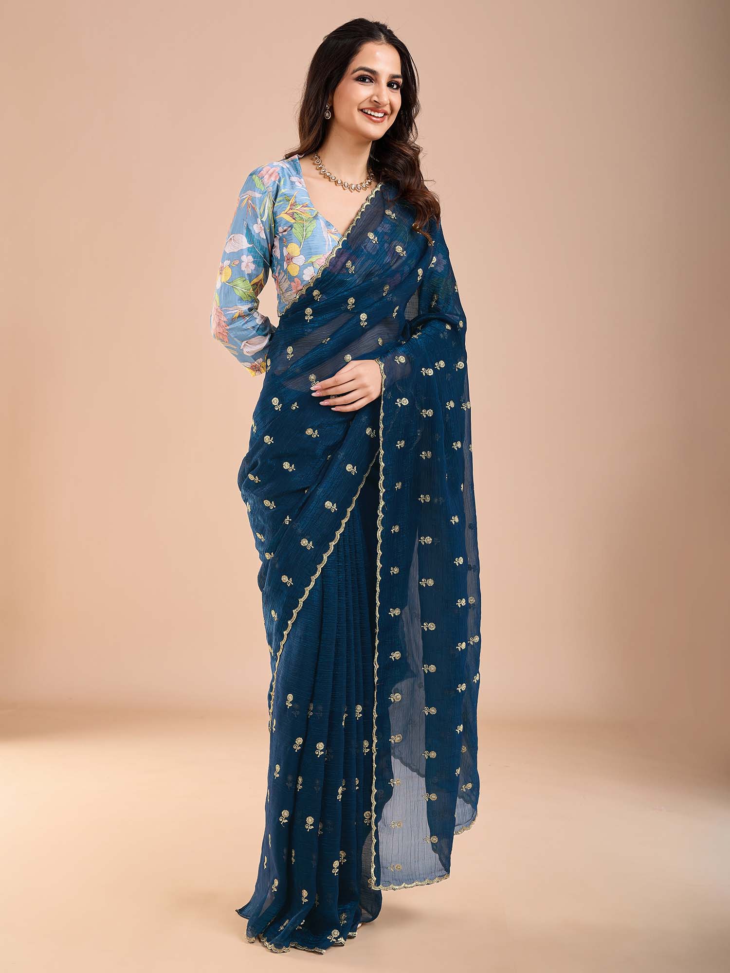 Teal Georgette Embroidered Saree - Ressa