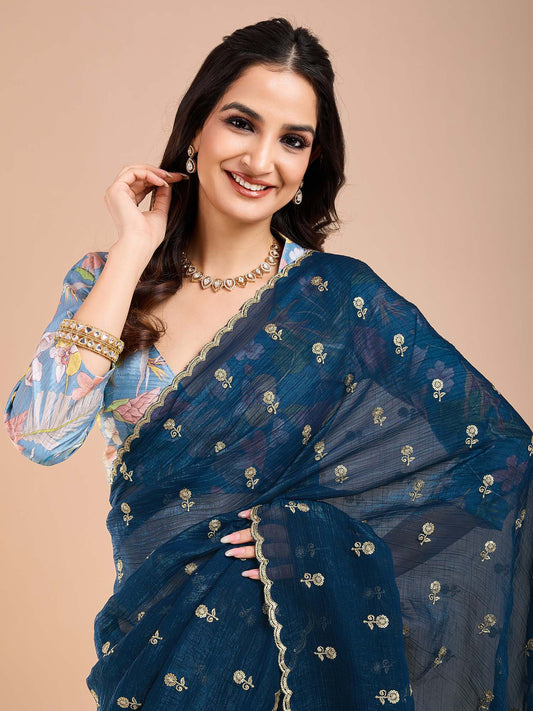 Teal Georgette Embroidered Saree - Ressa