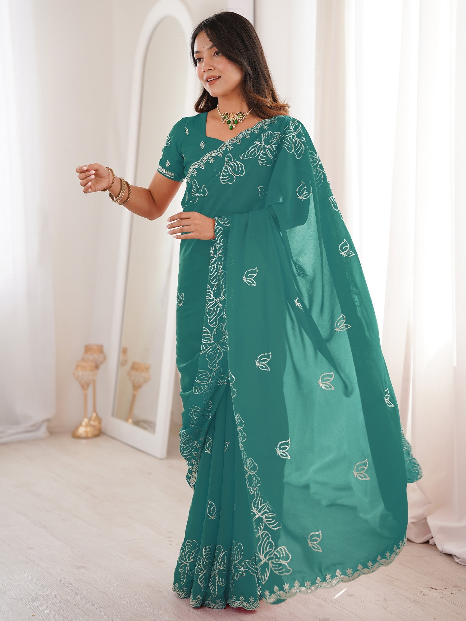 Teal Georgette Embroidered Saree with Blouse Piece - Ressa