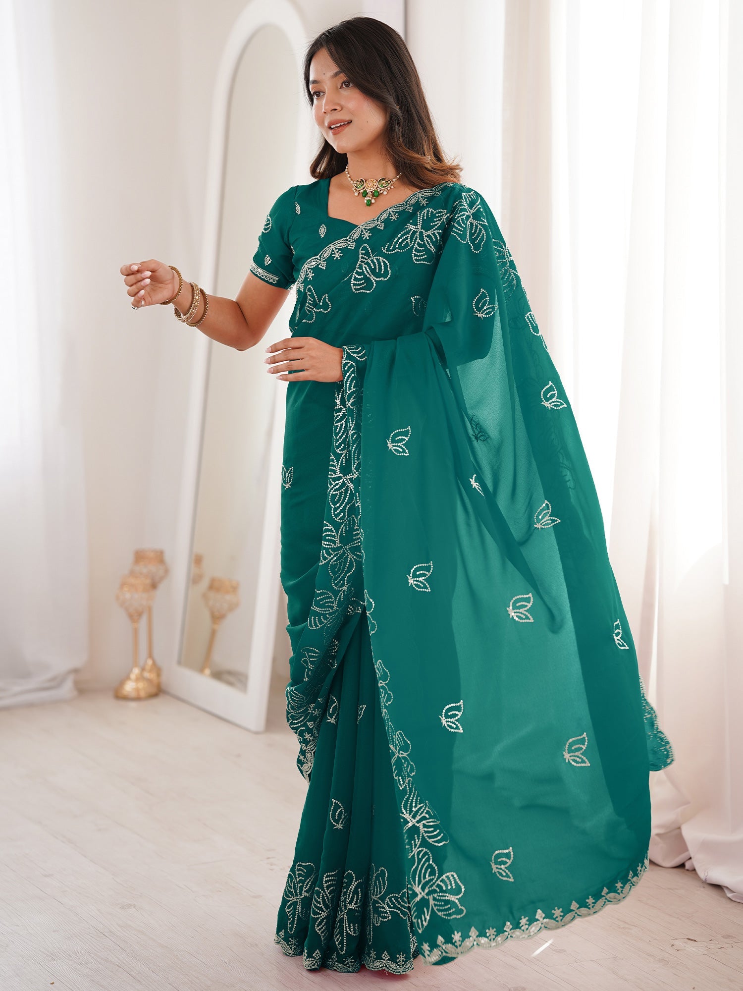 Teal Georgette Embroidered Saree with Blouse Piece - Ressa