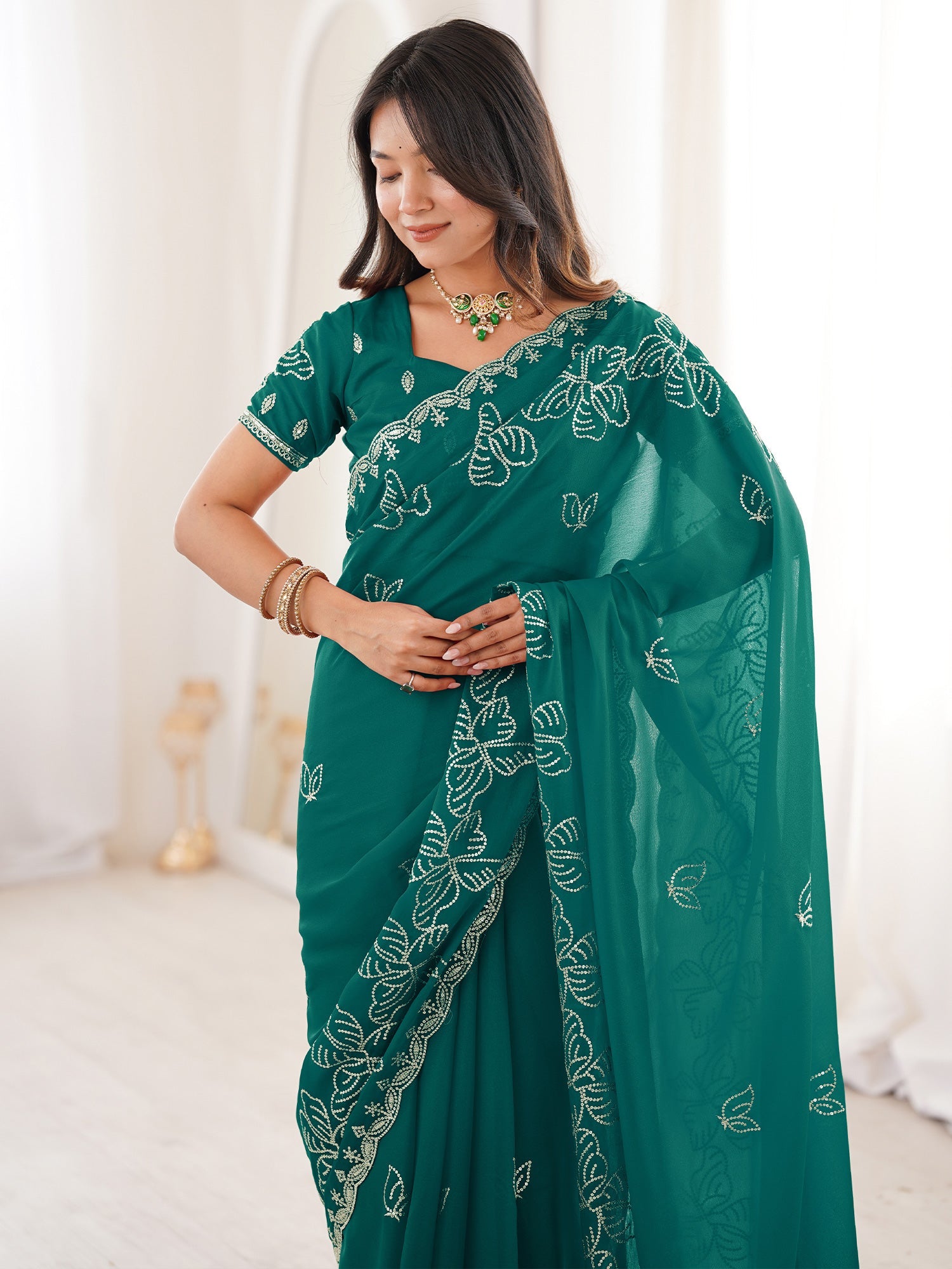 Teal Georgette Embroidered Saree with Blouse Piece - Ressa
