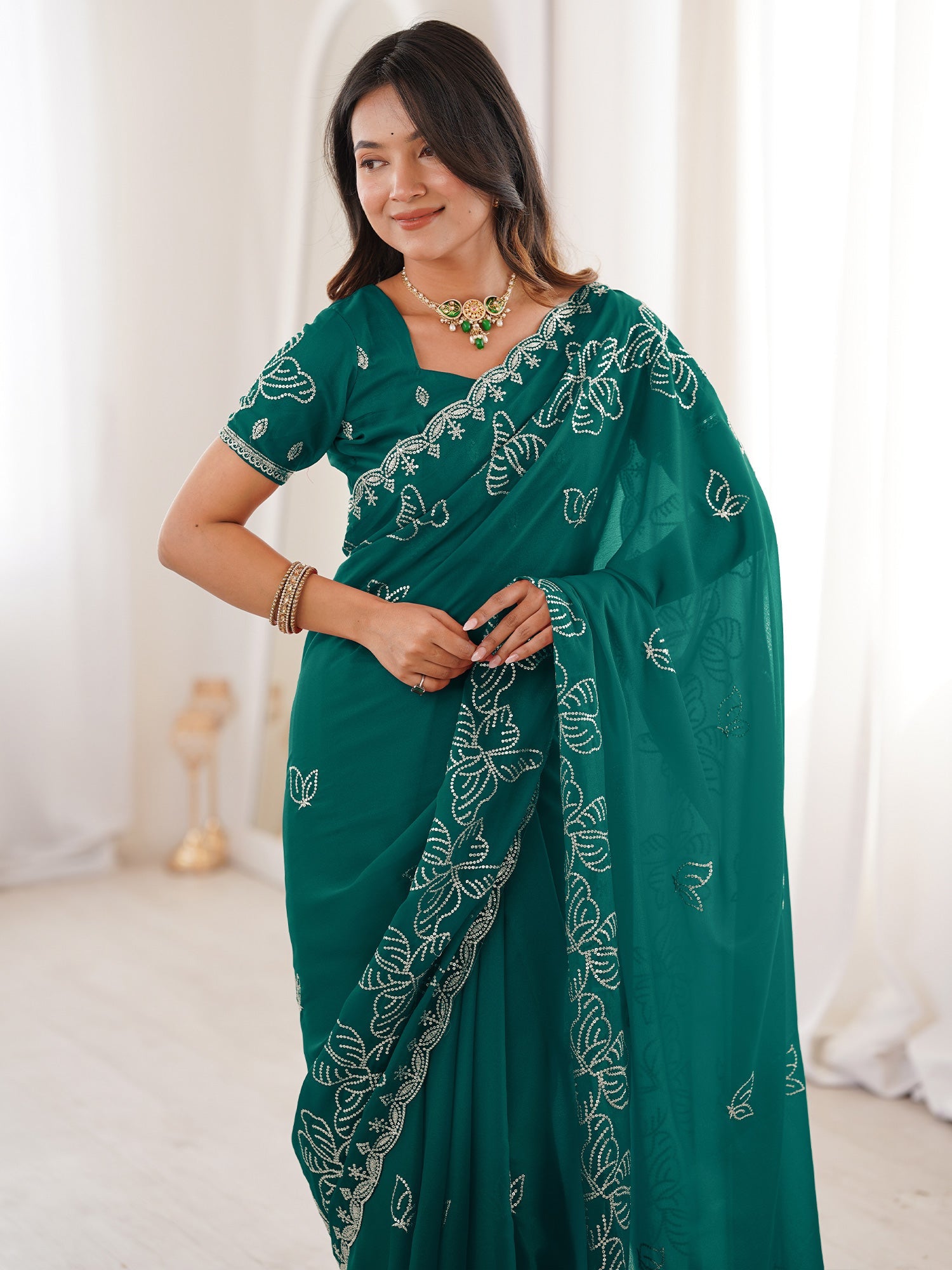 Teal Georgette Embroidered Saree with Blouse Piece - Ressa