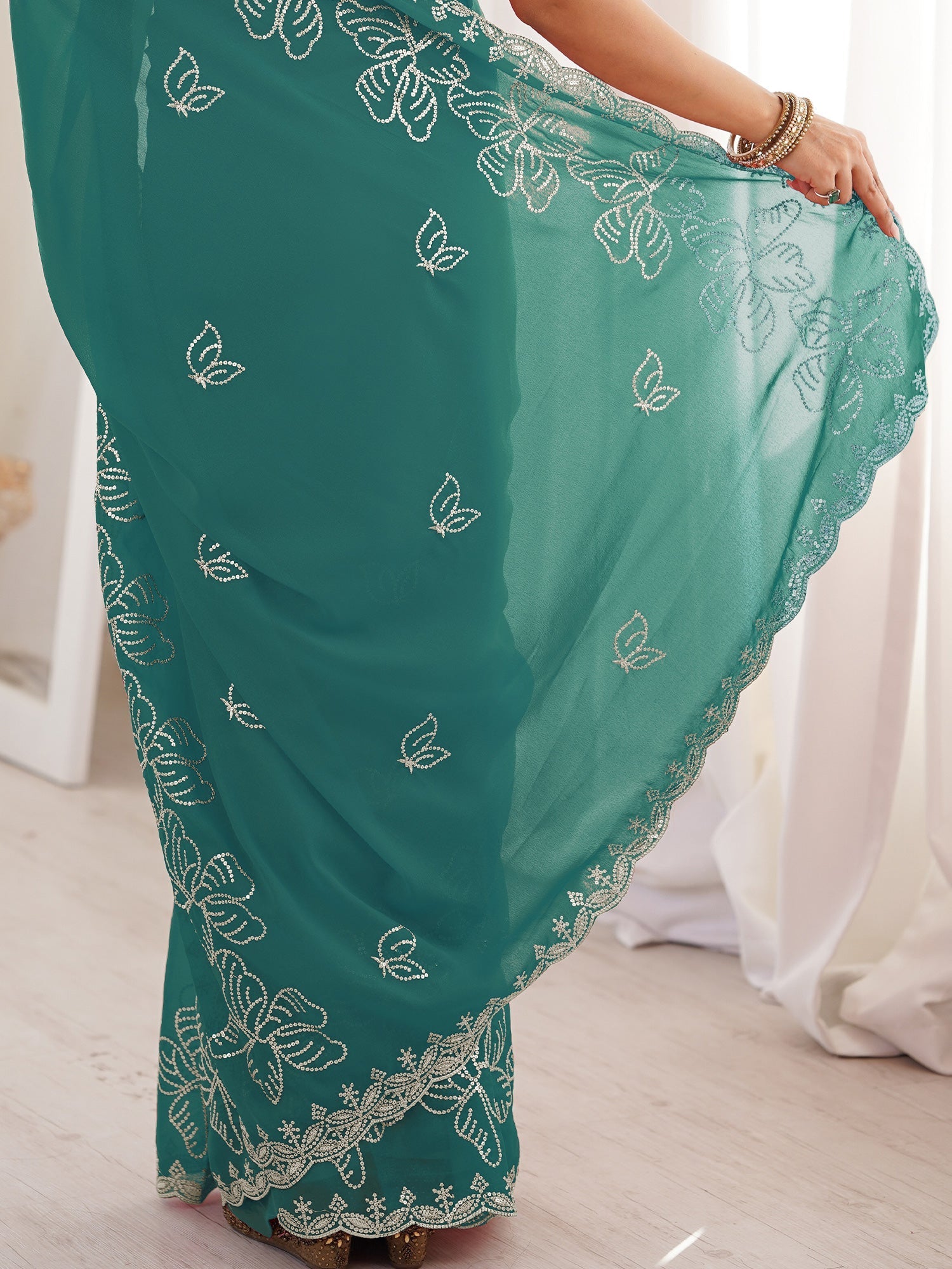 Teal Georgette Embroidered Saree with Blouse Piece - Ressa