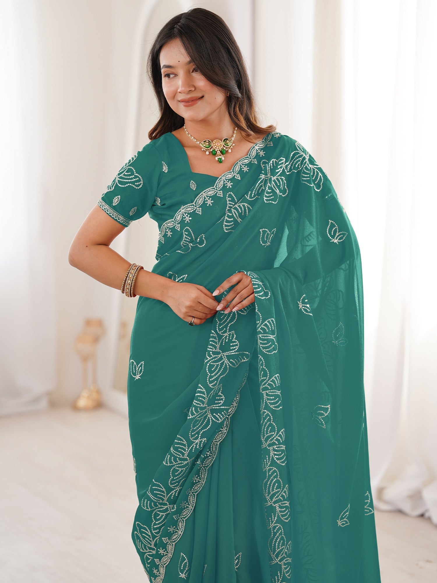Teal Georgette Embroidered Saree with Blouse Piece - Ressa