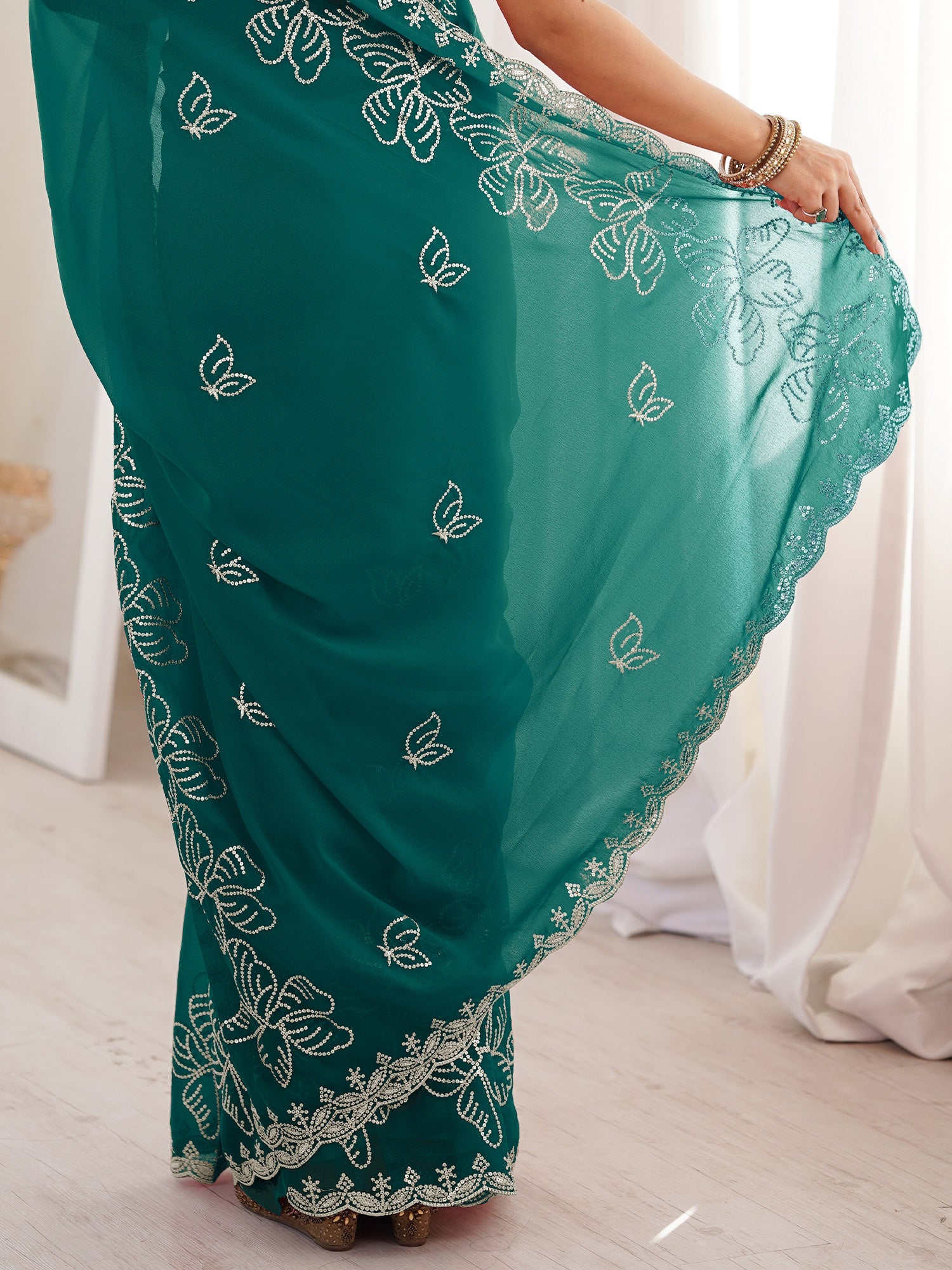 Teal Georgette Embroidered Saree with Blouse Piece - Ressa