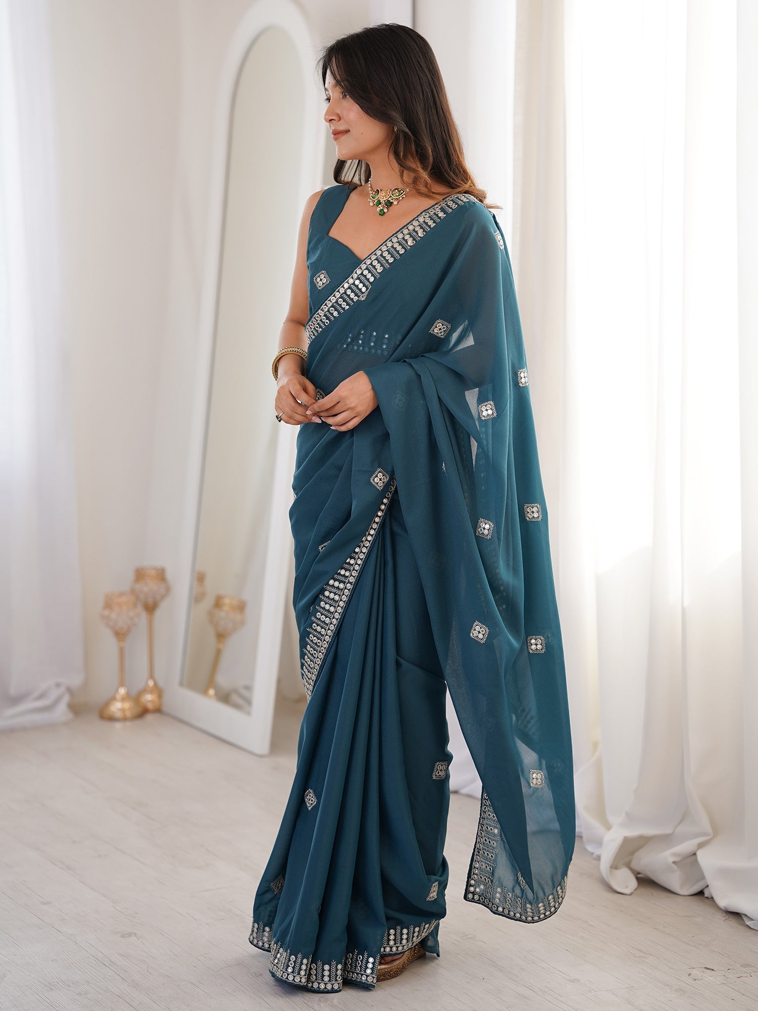 Teal Georgette Mirror Work Saree with Embroidered Blouse - Ressa