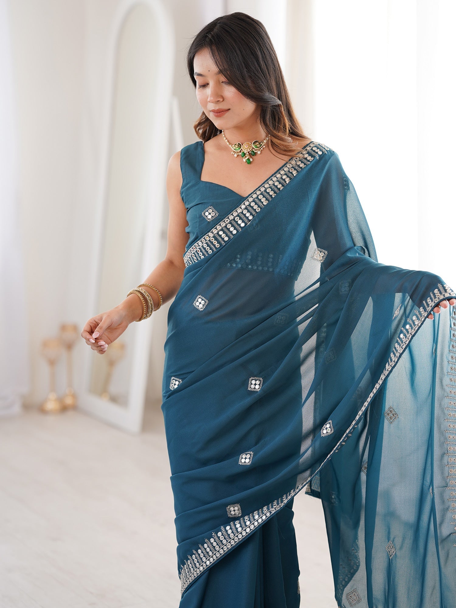 Teal Georgette Mirror Work Saree with Embroidered Blouse - Ressa