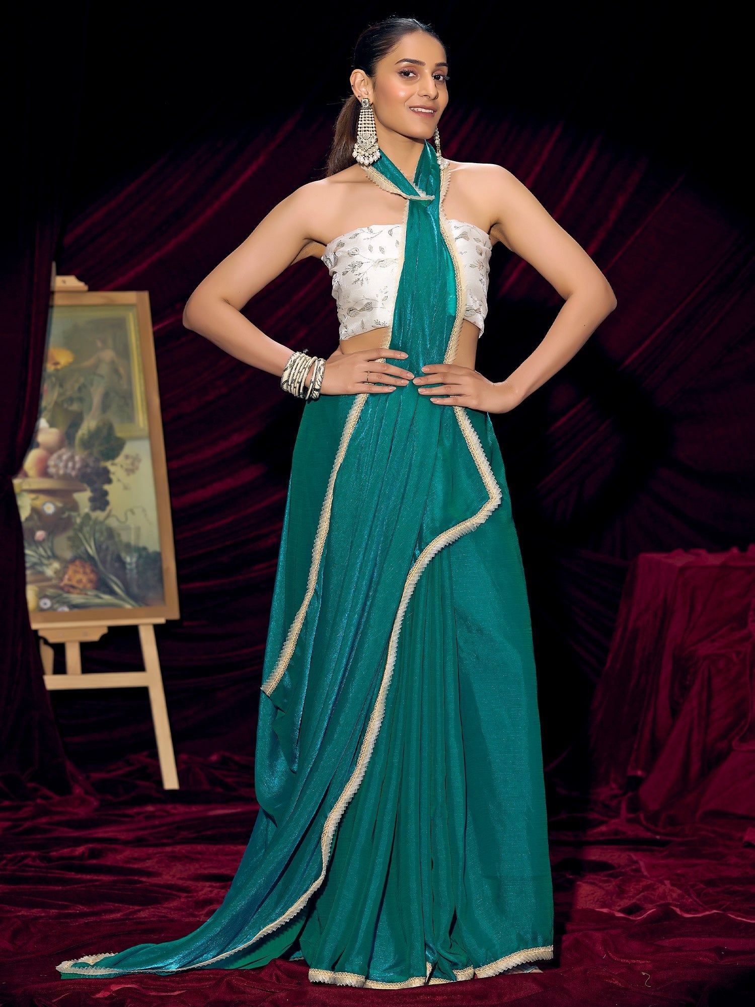 Teal Georgette Pre-Draped Saree with Embroidered Halter Blouse - Ressa