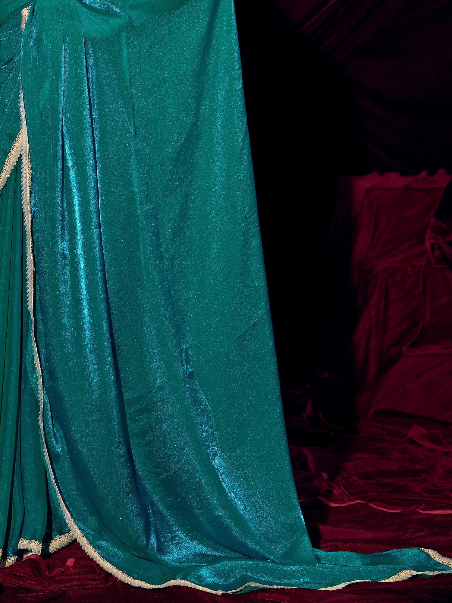 Teal Georgette Pre-Draped Saree with Embroidered Halter Blouse - Ressa