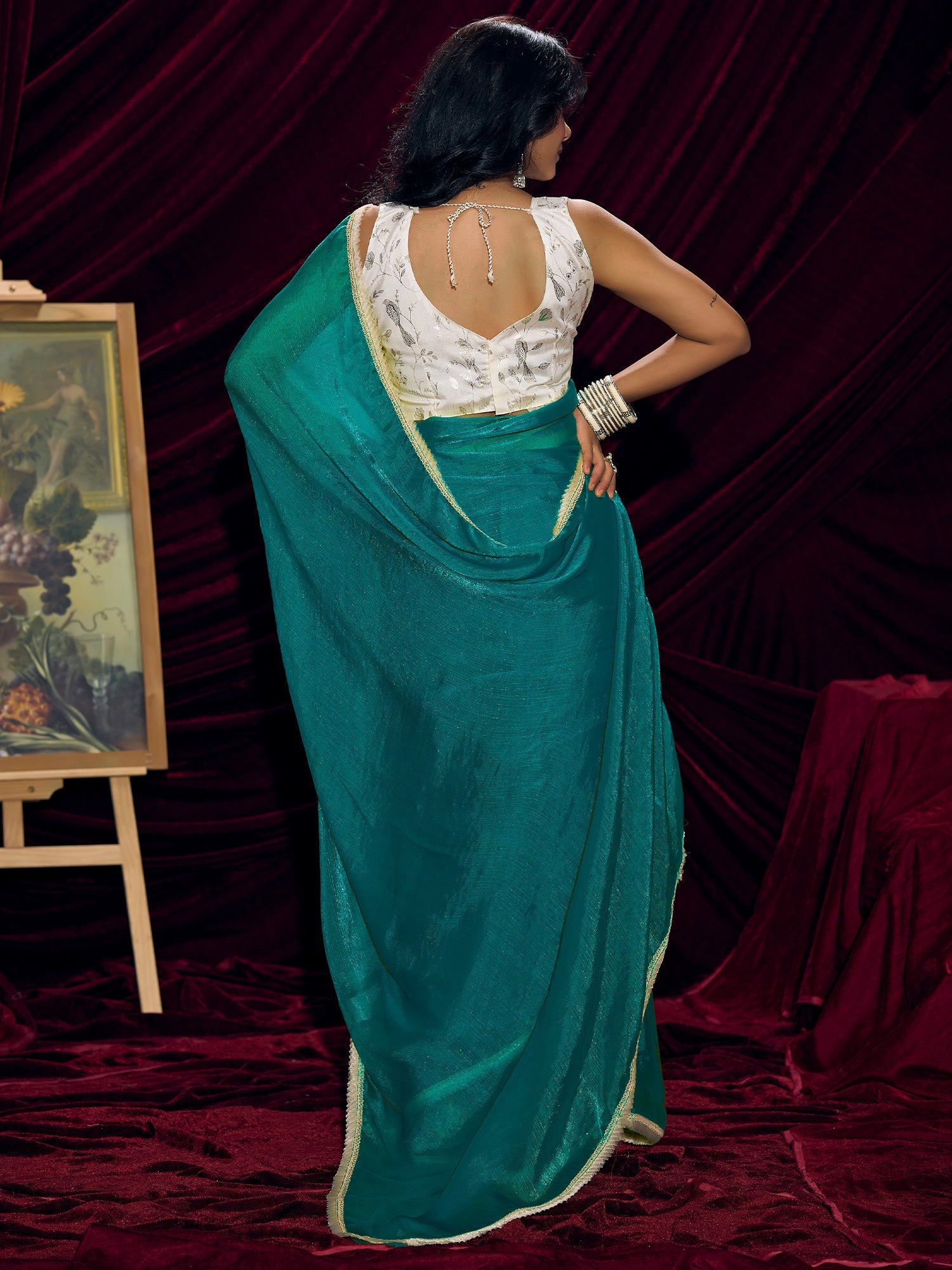 Teal Georgette Pre-Draped Saree with Embroidered Halter Blouse - Ressa