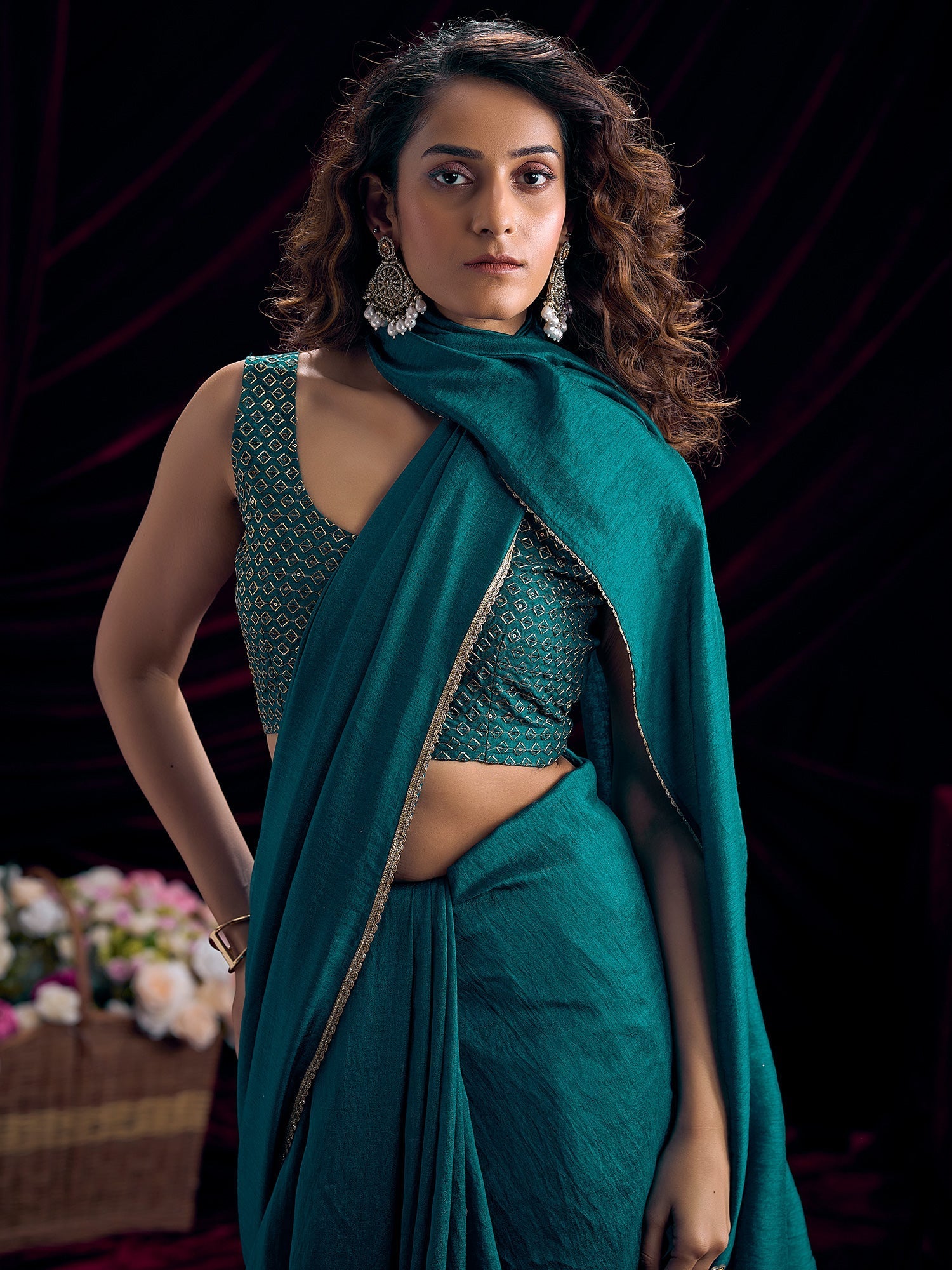 Teal Georgette Saree with Embroidered Blouse - Ressa
