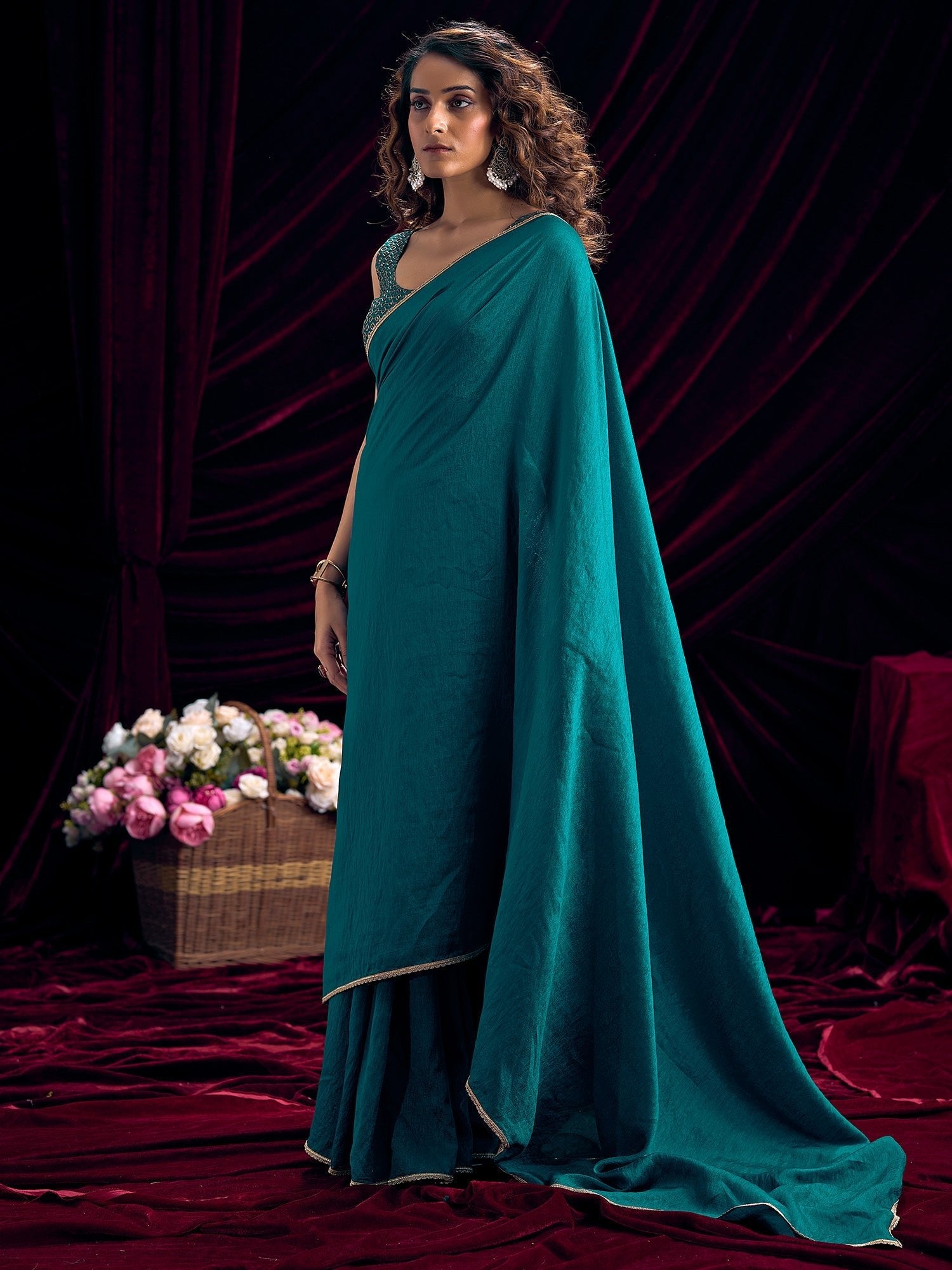 Teal Georgette Saree with Embroidered Blouse - Ressa