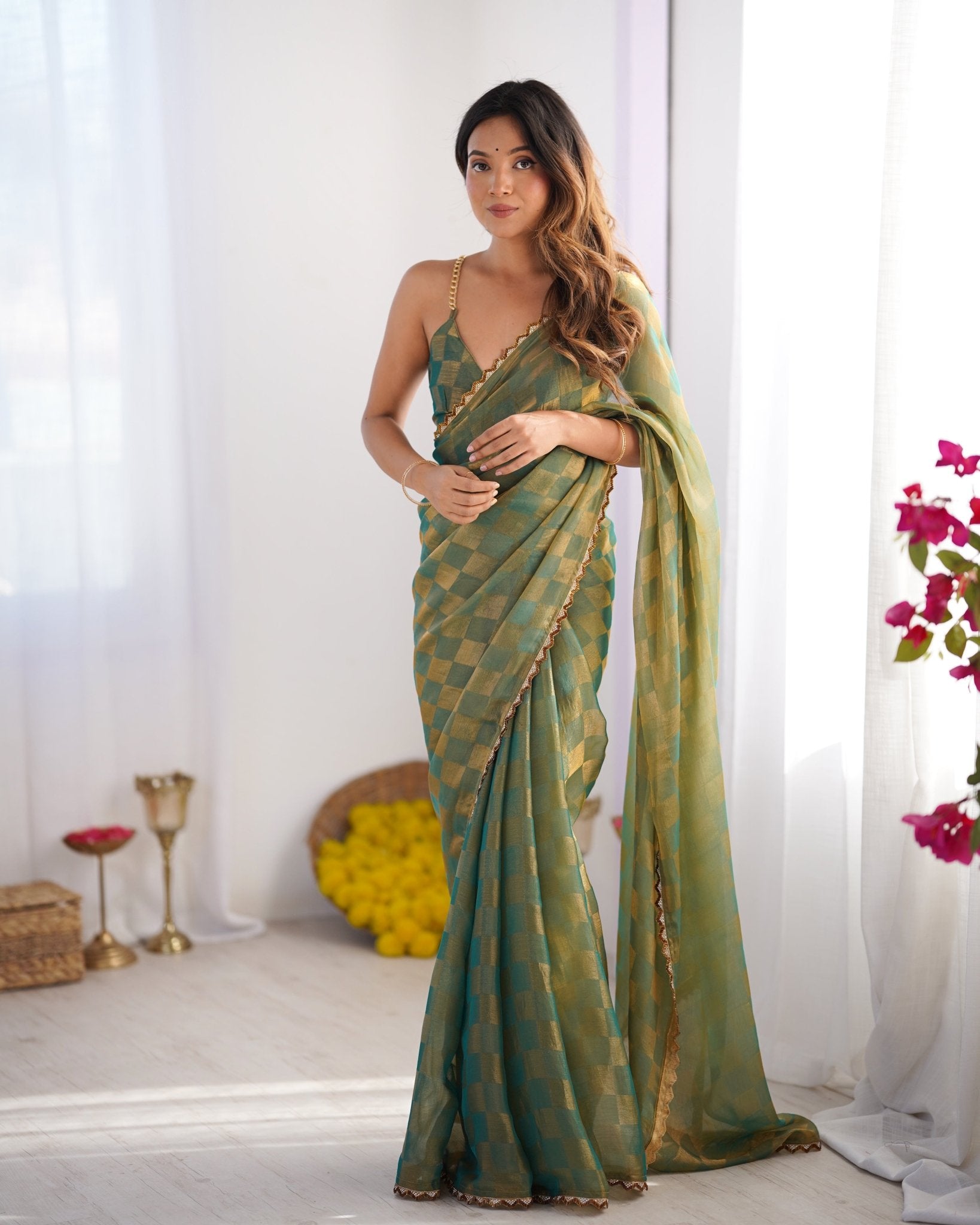 Teal Gold Checkered Chiffon Saree - Ressa