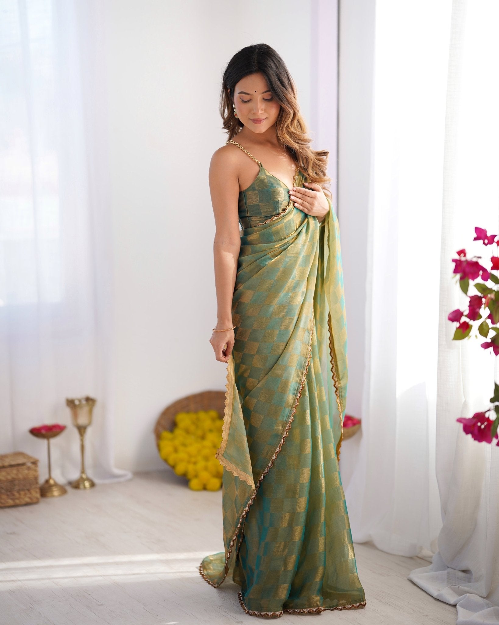 Teal Gold Checkered Chiffon Saree - Ressa