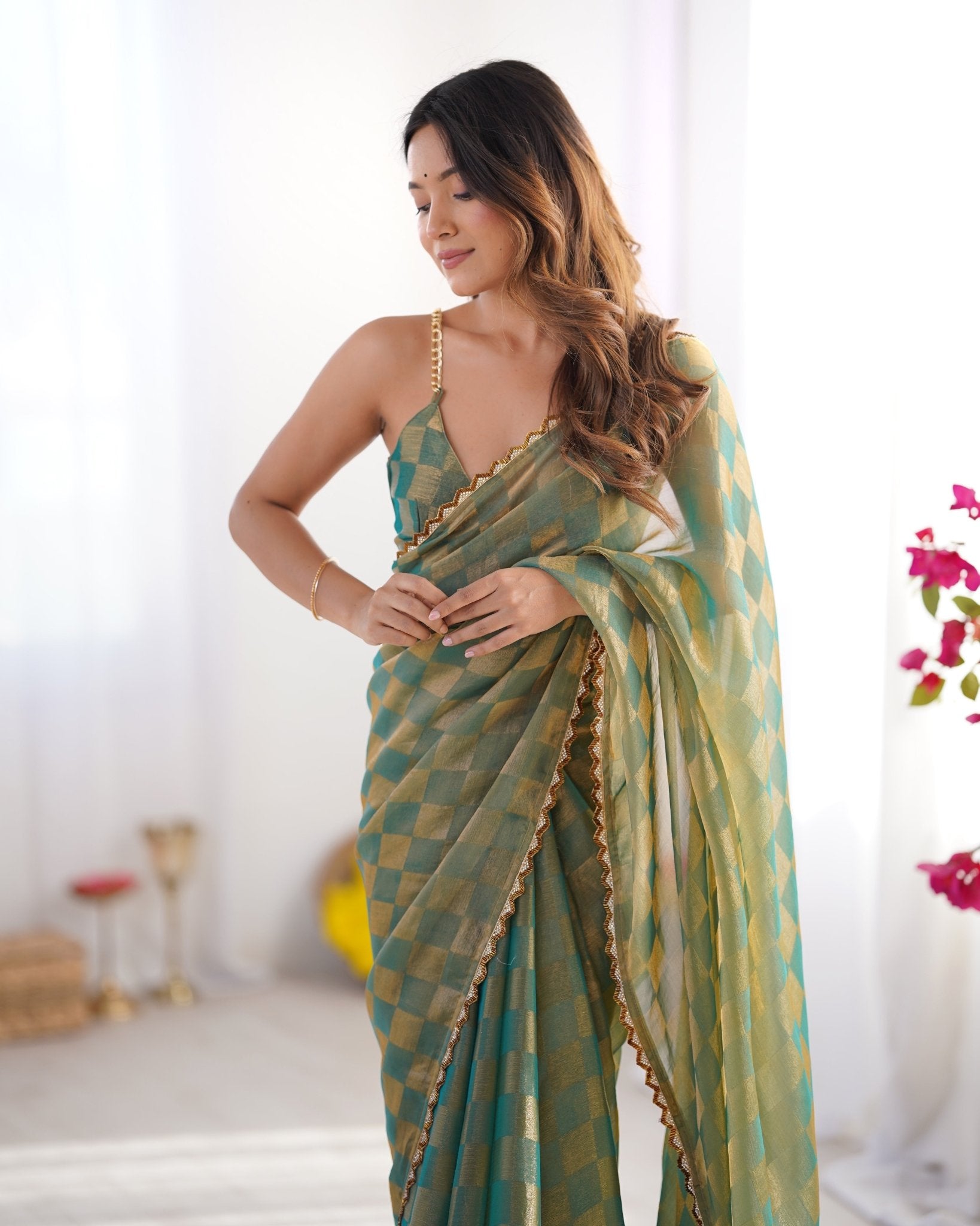 Teal Gold Checkered Chiffon Saree - Ressa