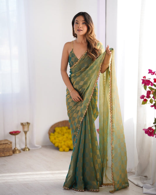 Teal Gold Checkered Chiffon Saree - Ressa