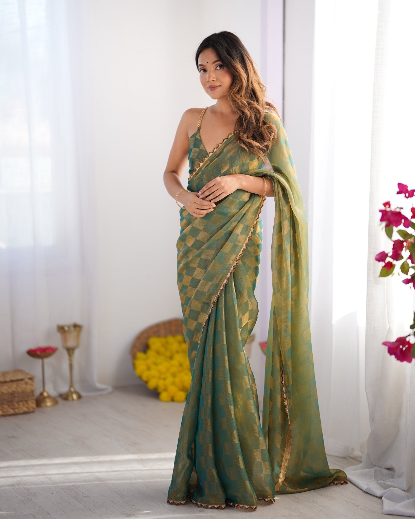 Teal Gold Checkered Chiffon Saree - Ressa