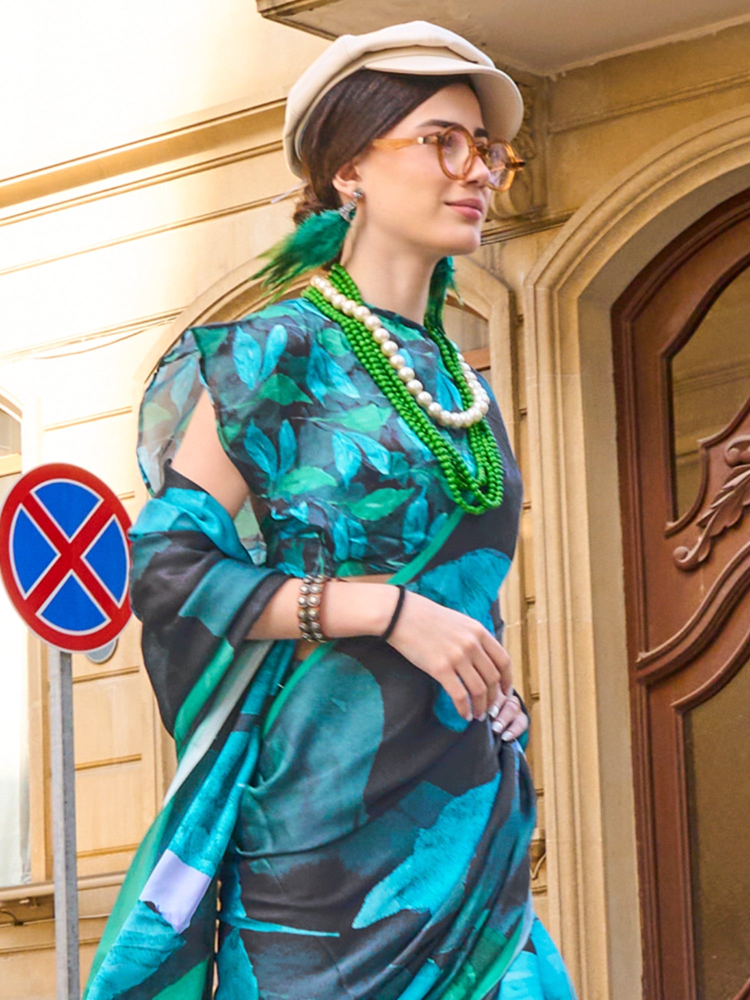 Teal & Green Abstract Digital Print Satin Silk Contemporary Blouse - Ressa