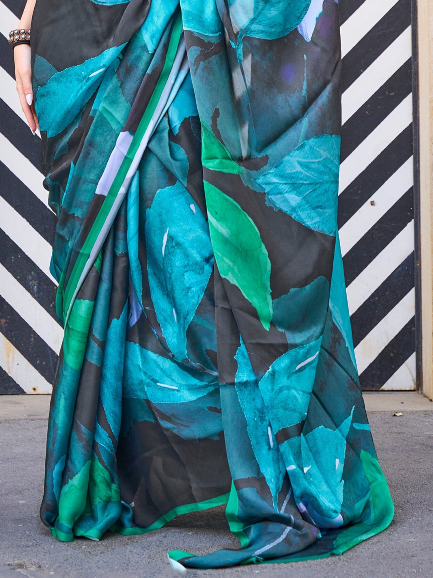 Teal & Green Abstract Digital Print Satin Silk Contemporary Blouse - Ressa