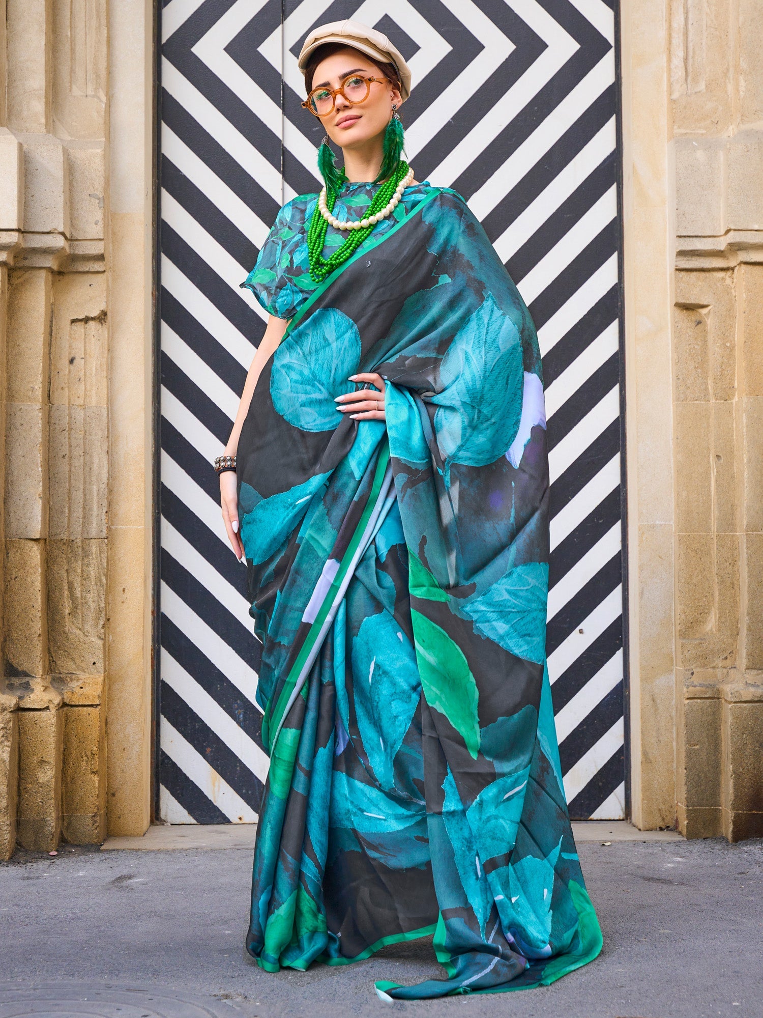 Teal & Green Abstract Digital Print Satin Silk Contemporary Blouse - Ressa