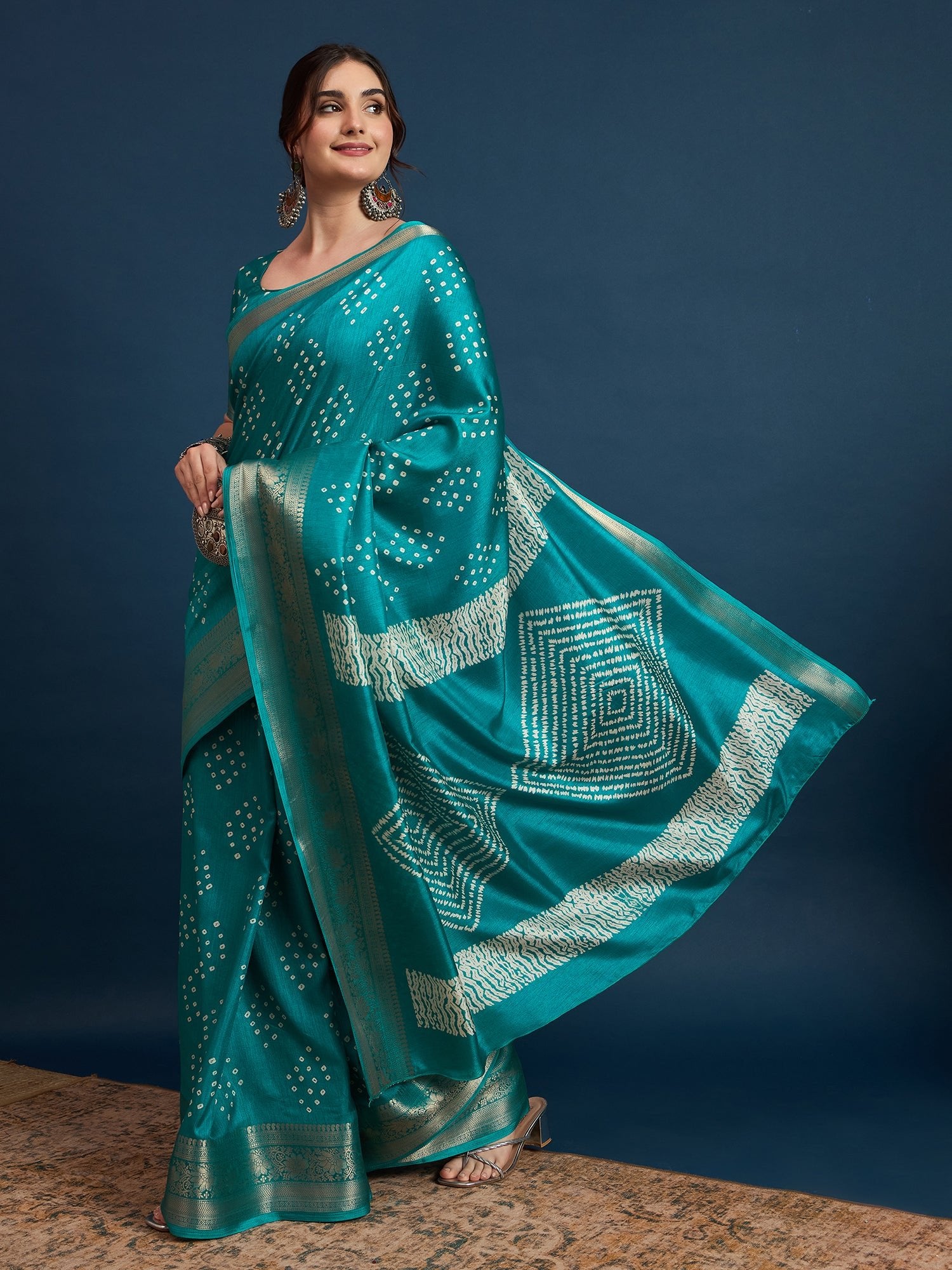 Teal Green Bandhani Silk Saree - Ressa