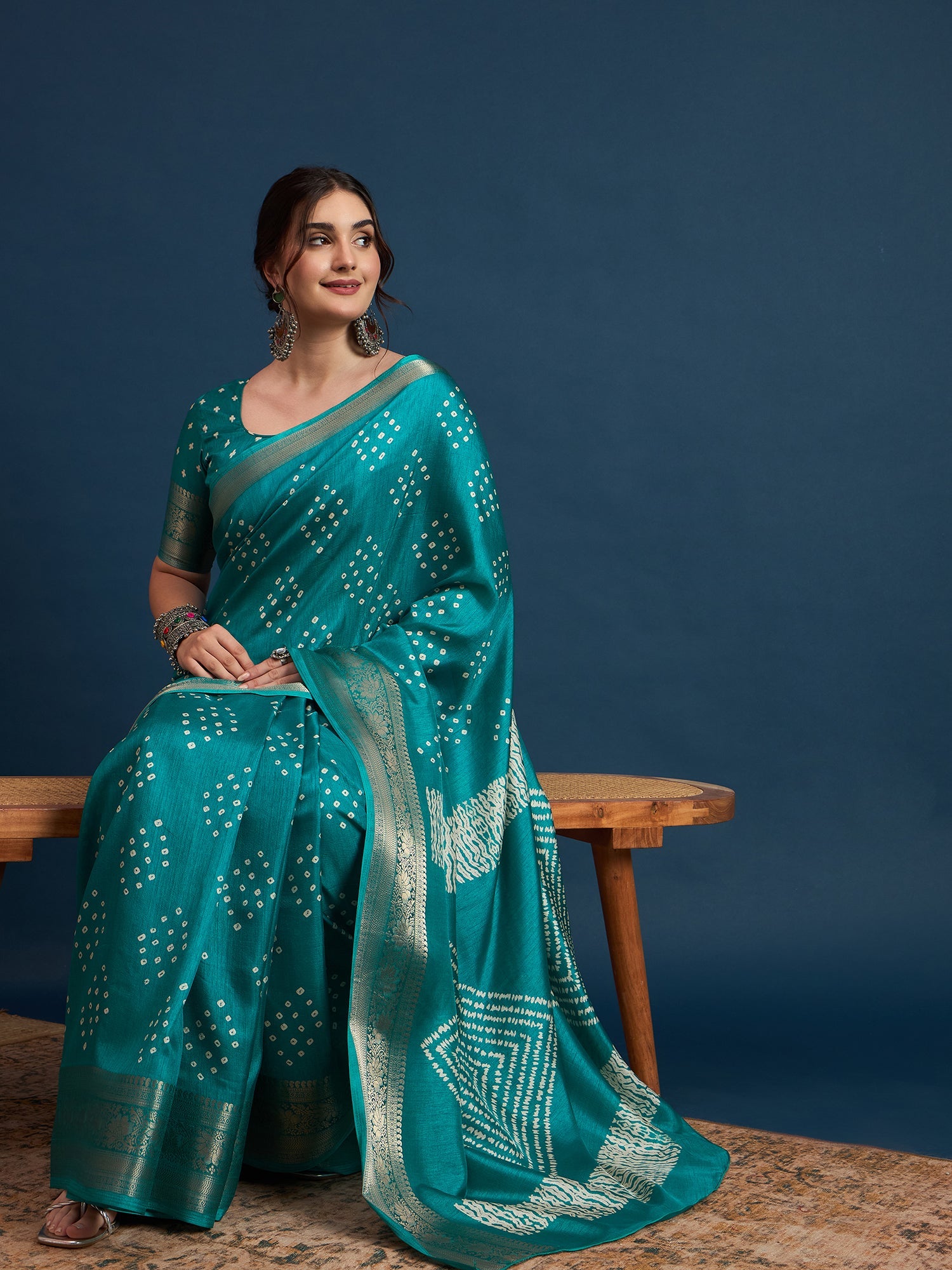 Teal Green Bandhani Silk Saree - Ressa