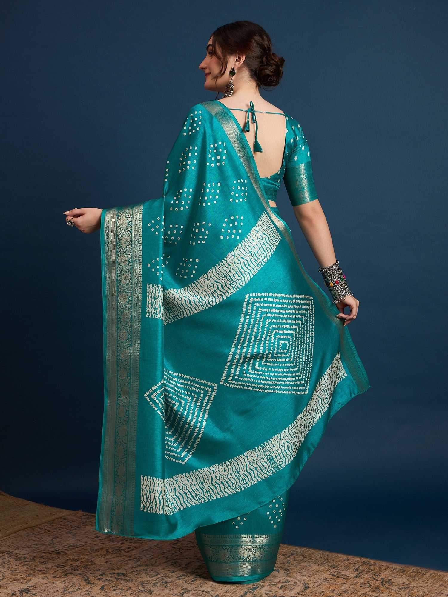 Teal Green Bandhani Silk Saree - Ressa