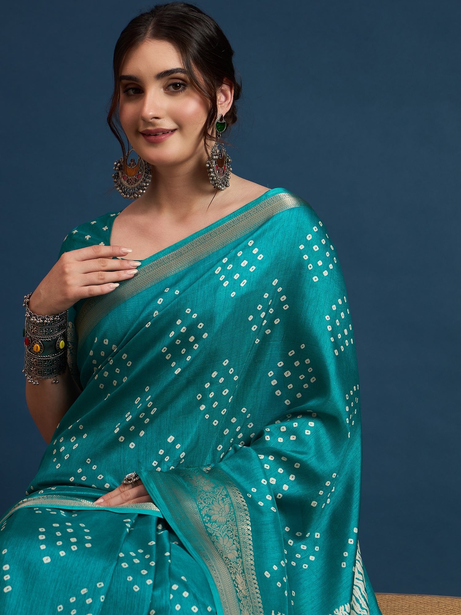 Teal Green Bandhani Silk Saree - Ressa