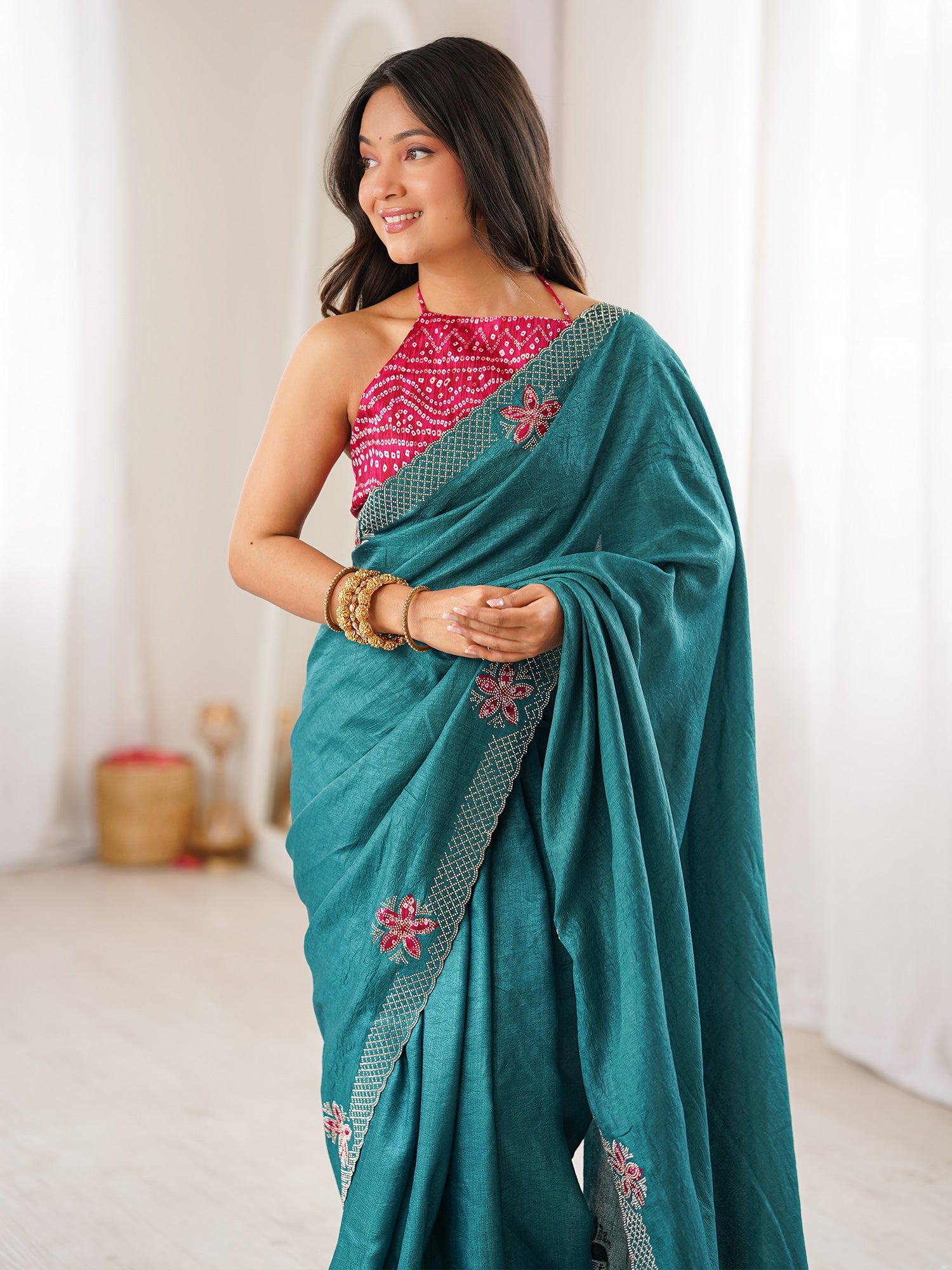 Teal Green Dola Silk Saree with Embroidered Floral Border - Ressa