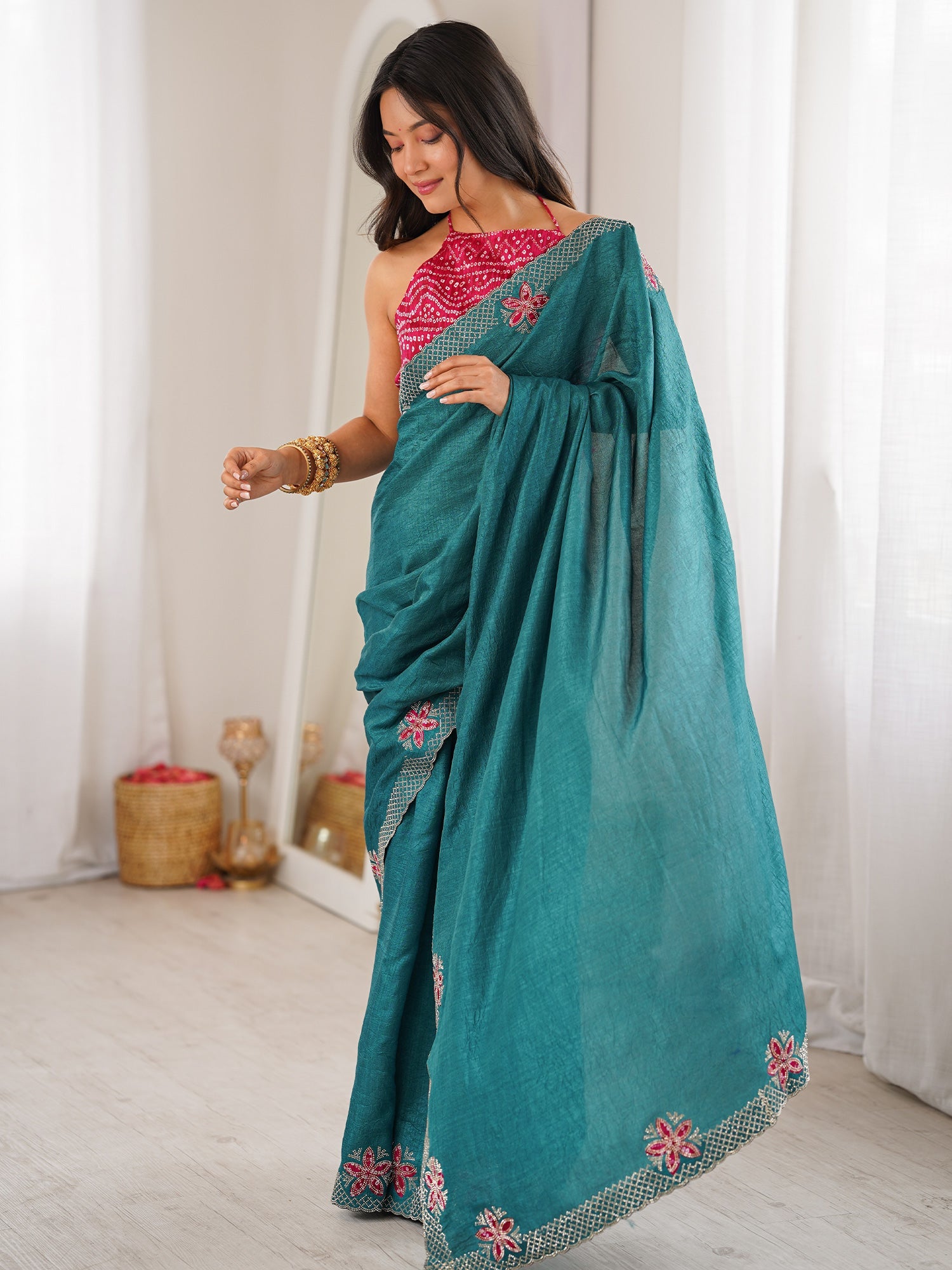 Teal Green Dola Silk Saree with Embroidered Floral Border - Ressa