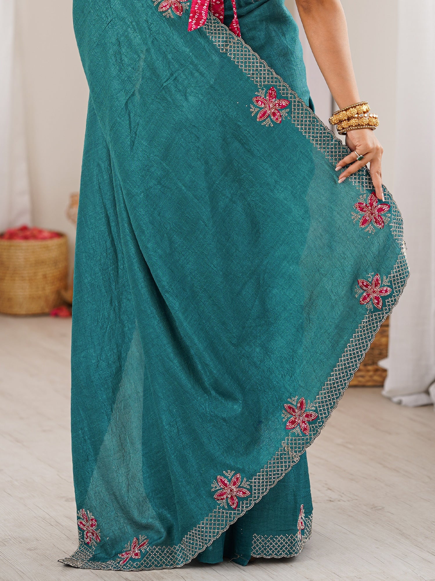 Teal Green Dola Silk Saree with Embroidered Floral Border - Ressa
