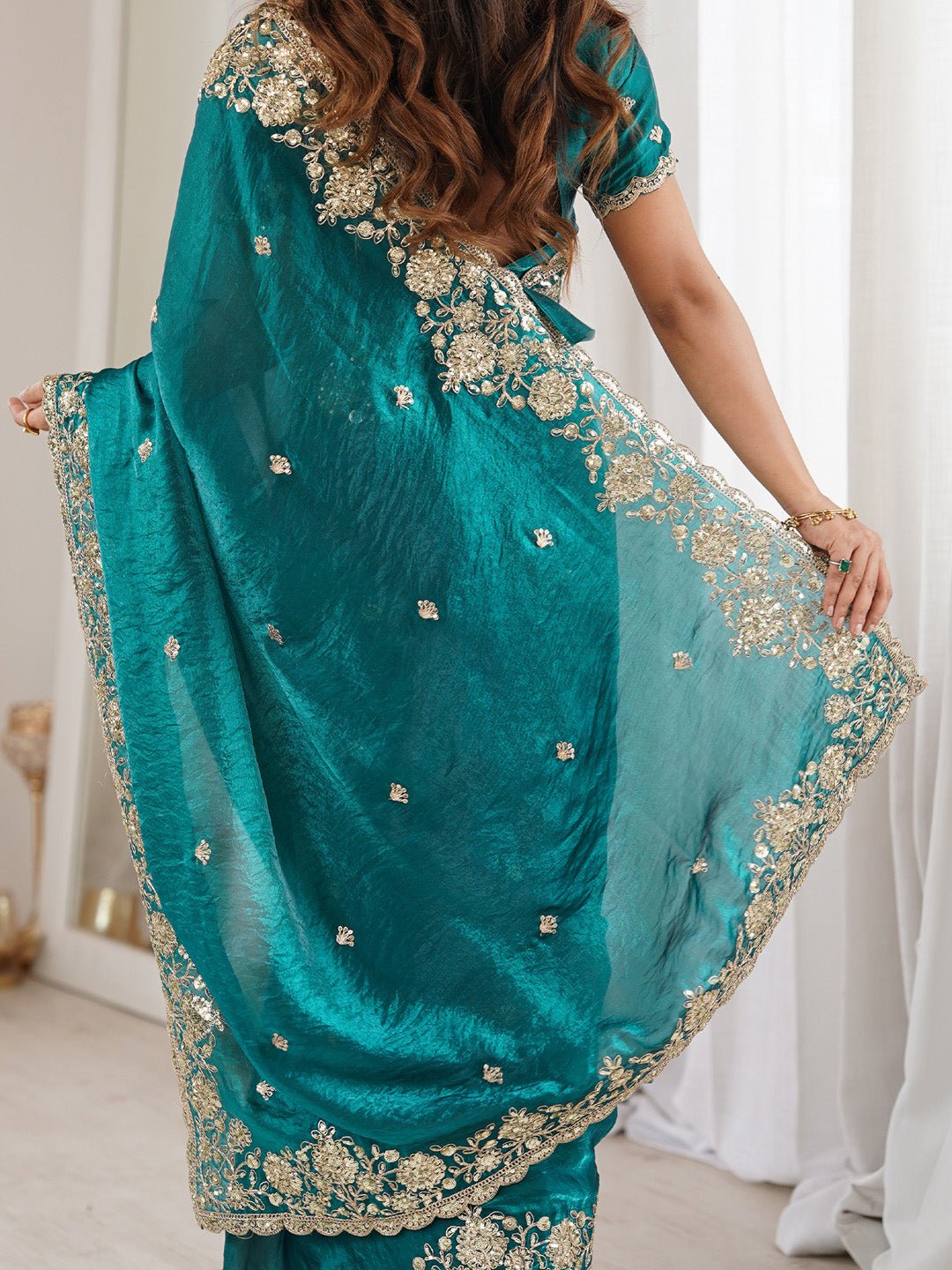Teal Green Emblished Silk Saree - Ressa