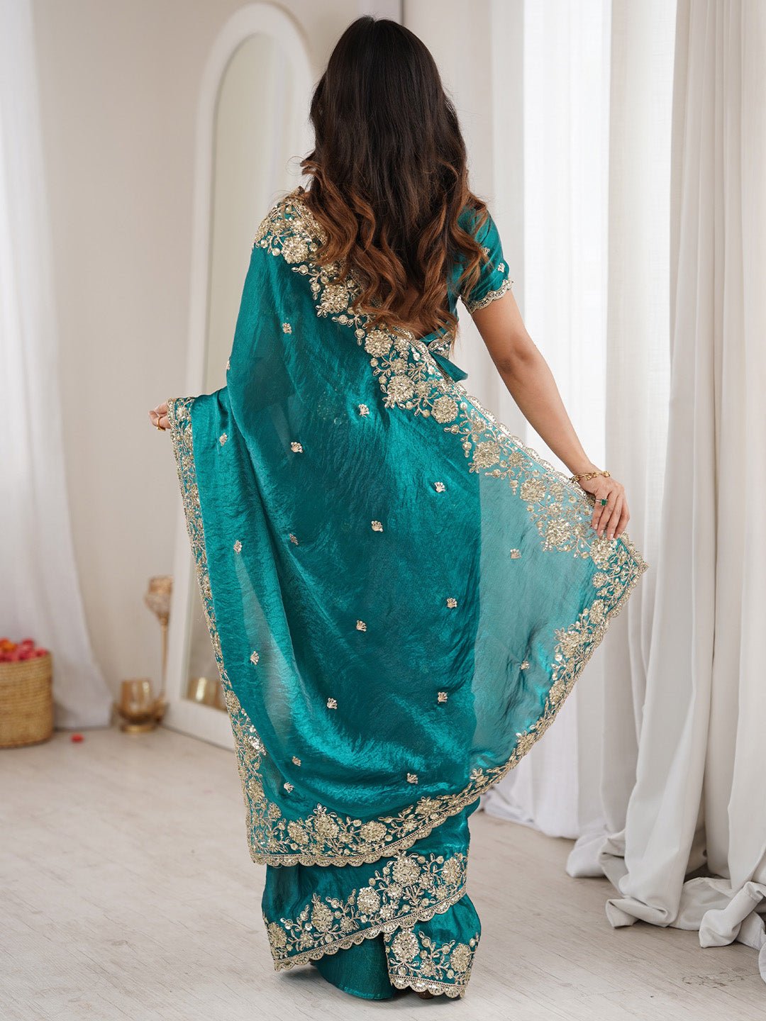 Teal Green Emblished Silk Saree - Ressa