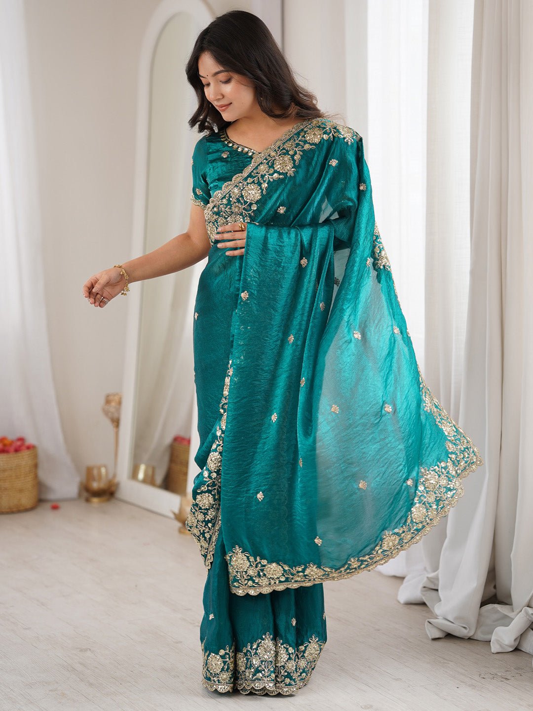 Teal Green Emblished Silk Saree - Ressa