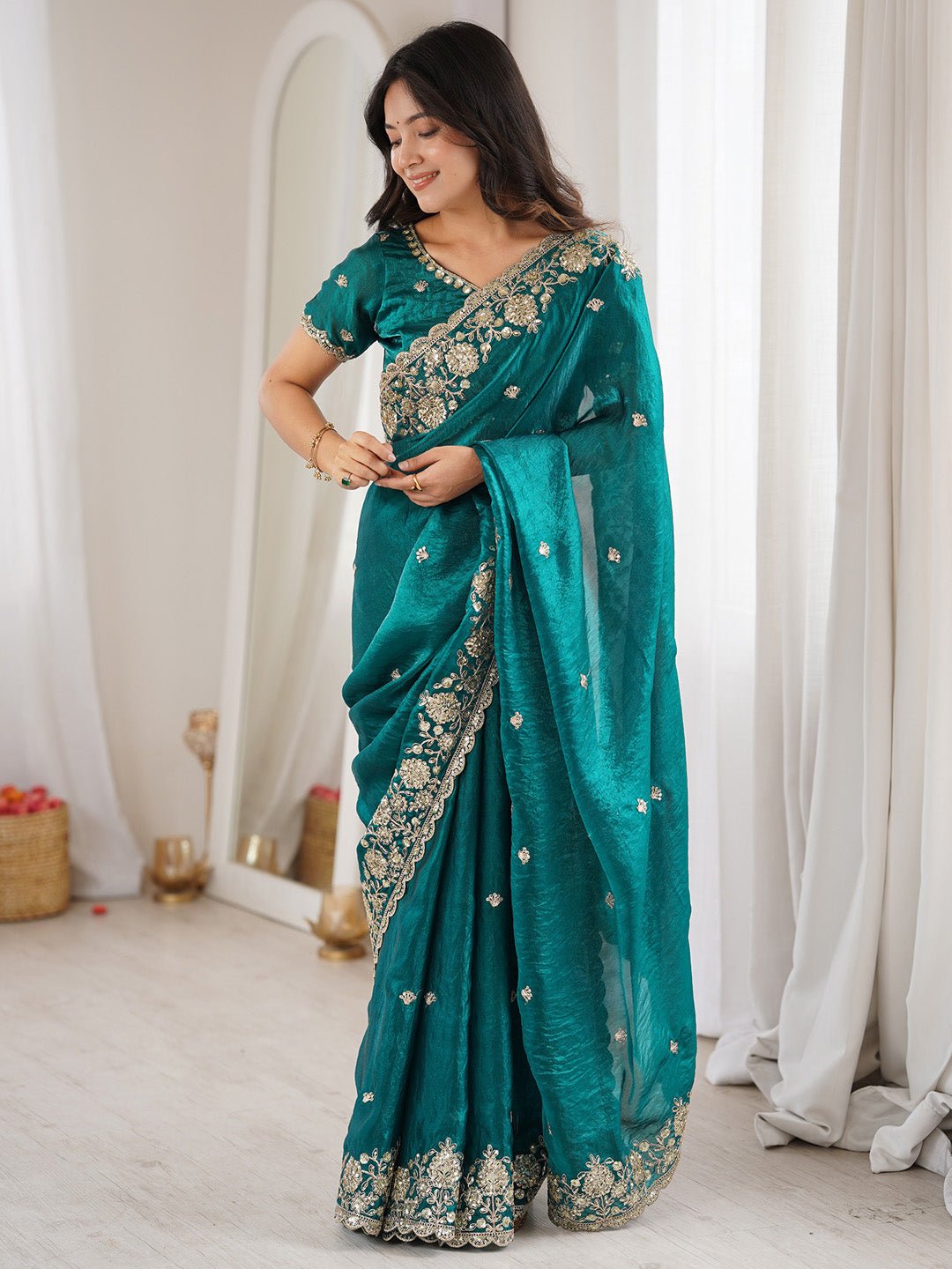 Teal Green Emblished Silk Saree - Ressa