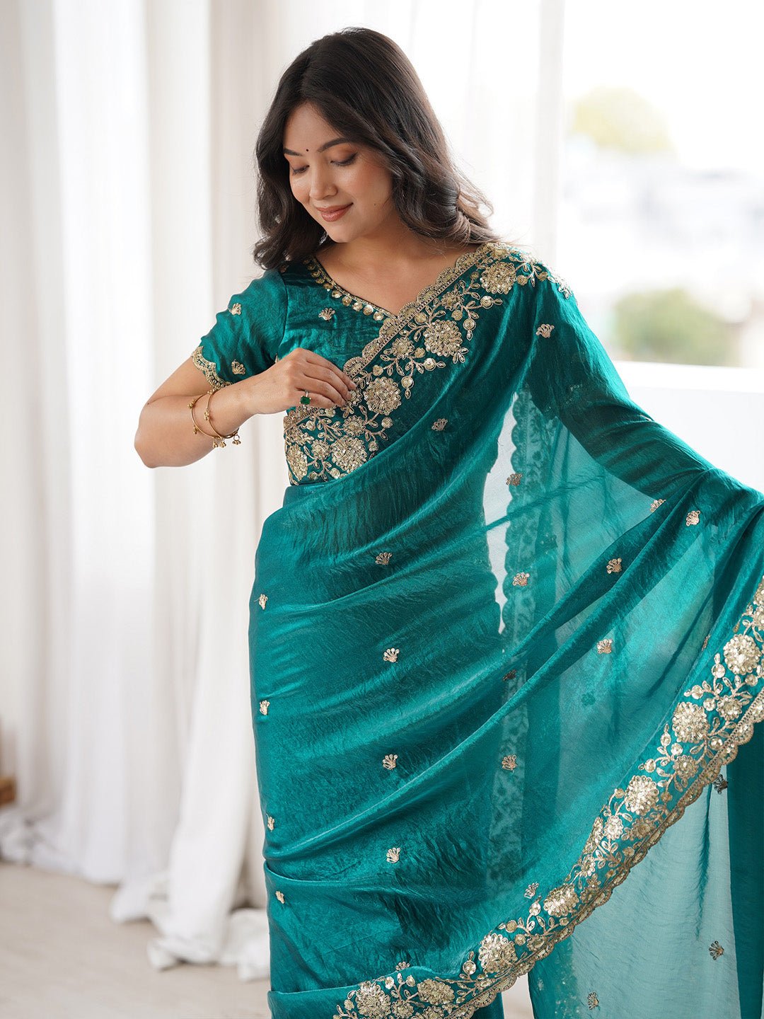 Teal Green Emblished Silk Saree - Ressa