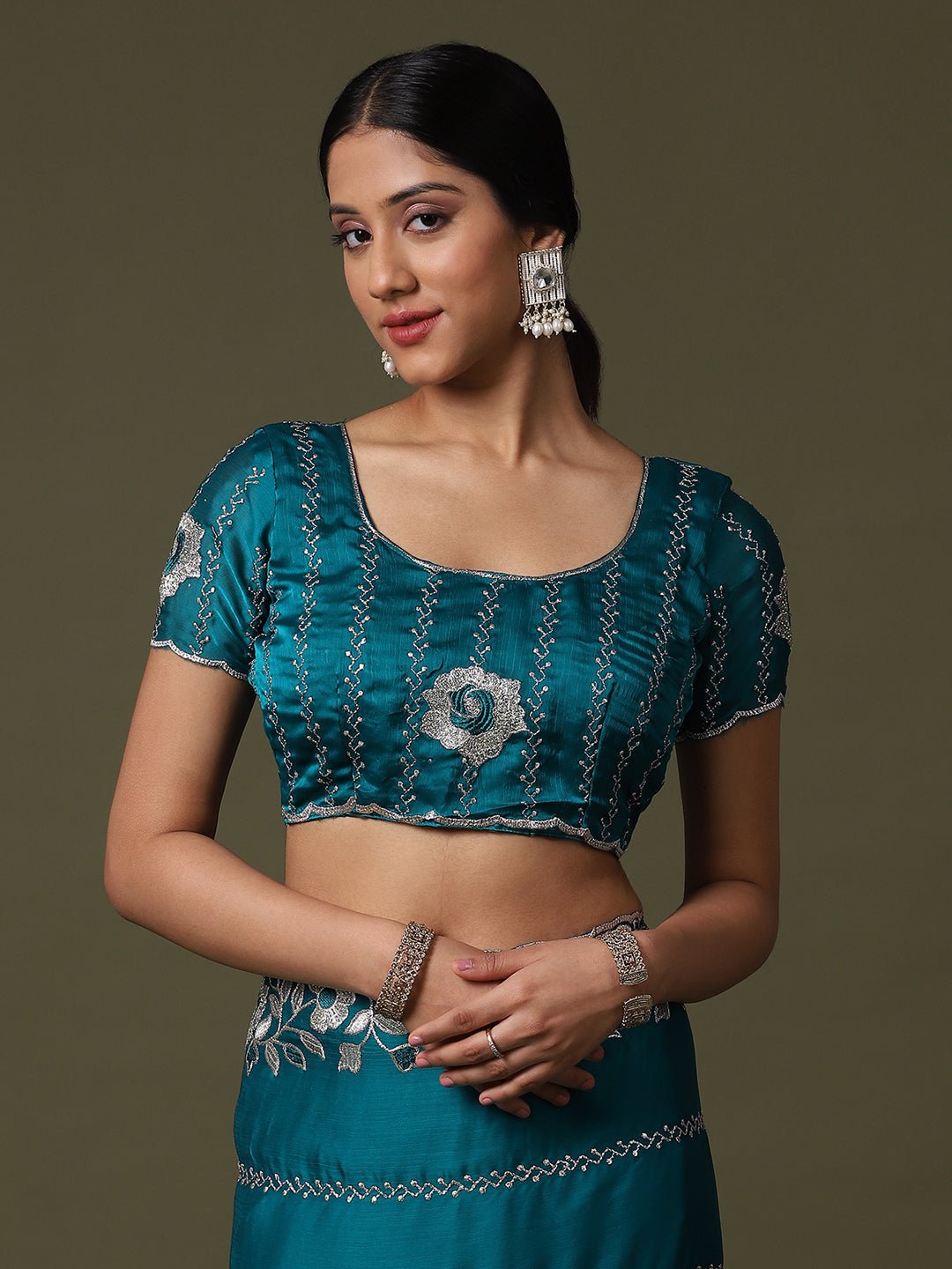 Teal green Georgette Embroidered Saree - Ressa